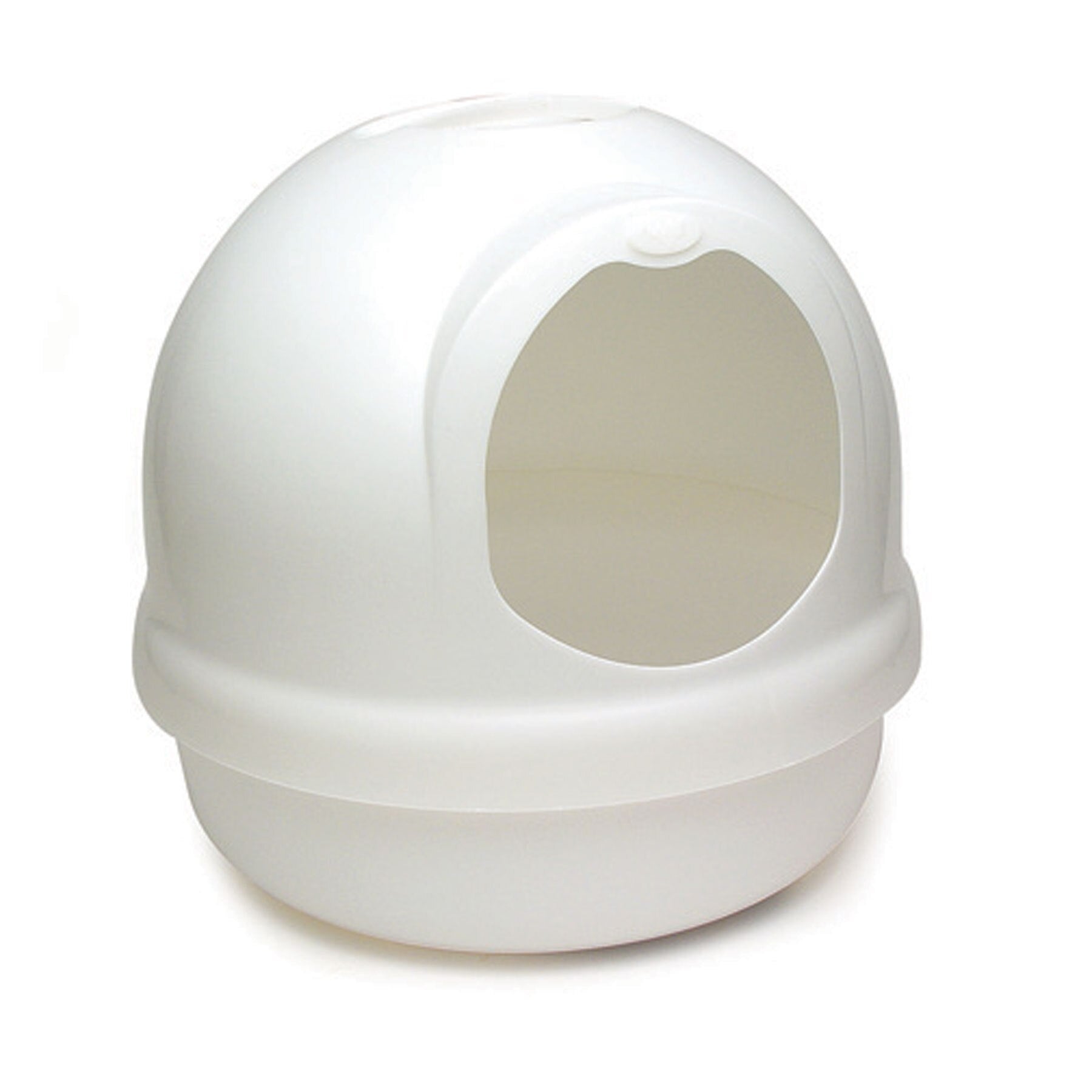 The Pet-mates Booda Dome Litter Box by Pet-mates is a white, dome-shaped litter box with a rounded top and arched entrance. It features smooth curves, an odor-free design, and a centrally located entrance that enhances its sleek aesthetic without extra decorations.