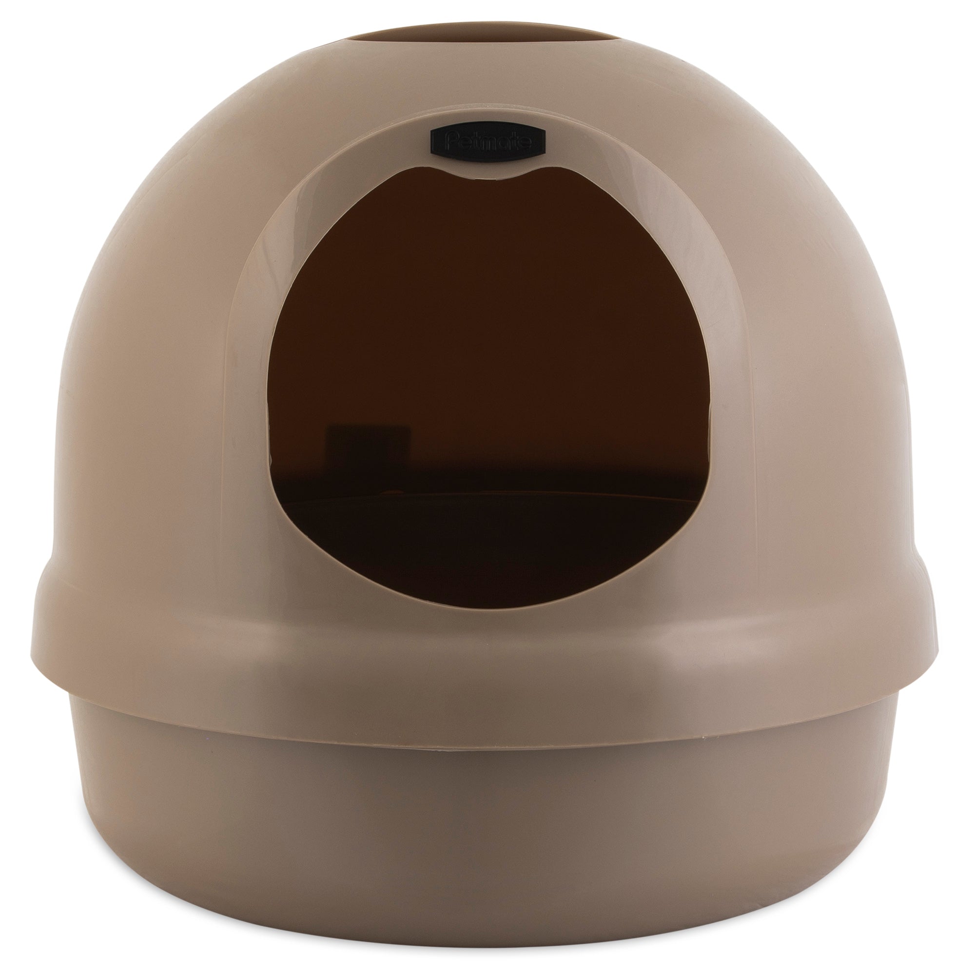 The Pet-mates Booda Dome Litter Box by Pet-mates is a beige, dome-shaped cat litter box with a circular entrance at the top. Designed for privacy and odor control, this innovative 3-in-1 litter box ensures a pleasant environment for cats.