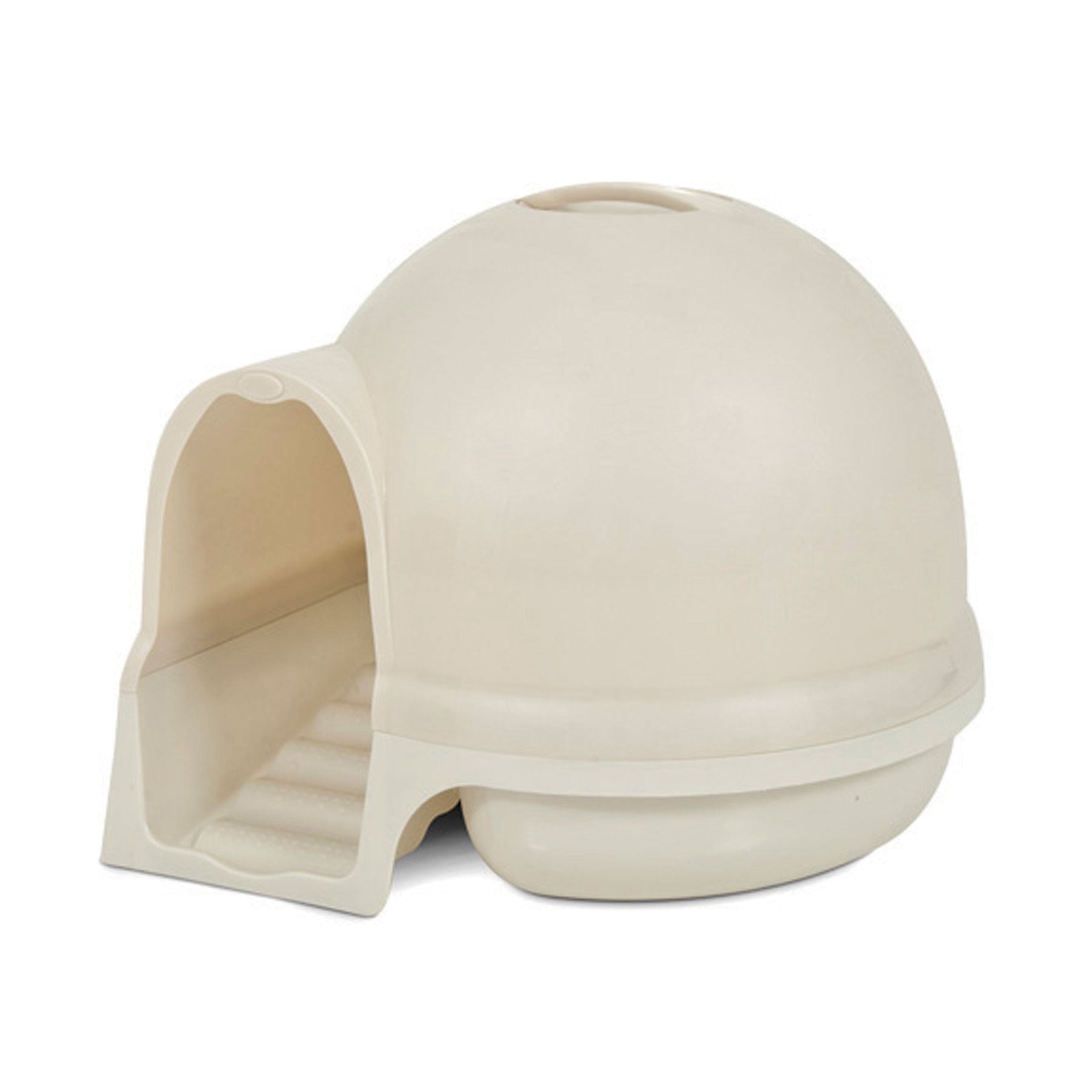 The Pet-mates Booda Cleanstep Litter Dome for Cats by Pet-mates is a beige, dome-shaped litter box with horizontal steps and an enclosed top opening. Its smooth design ensures ease of use while a charcoal filter minimizes odors.
