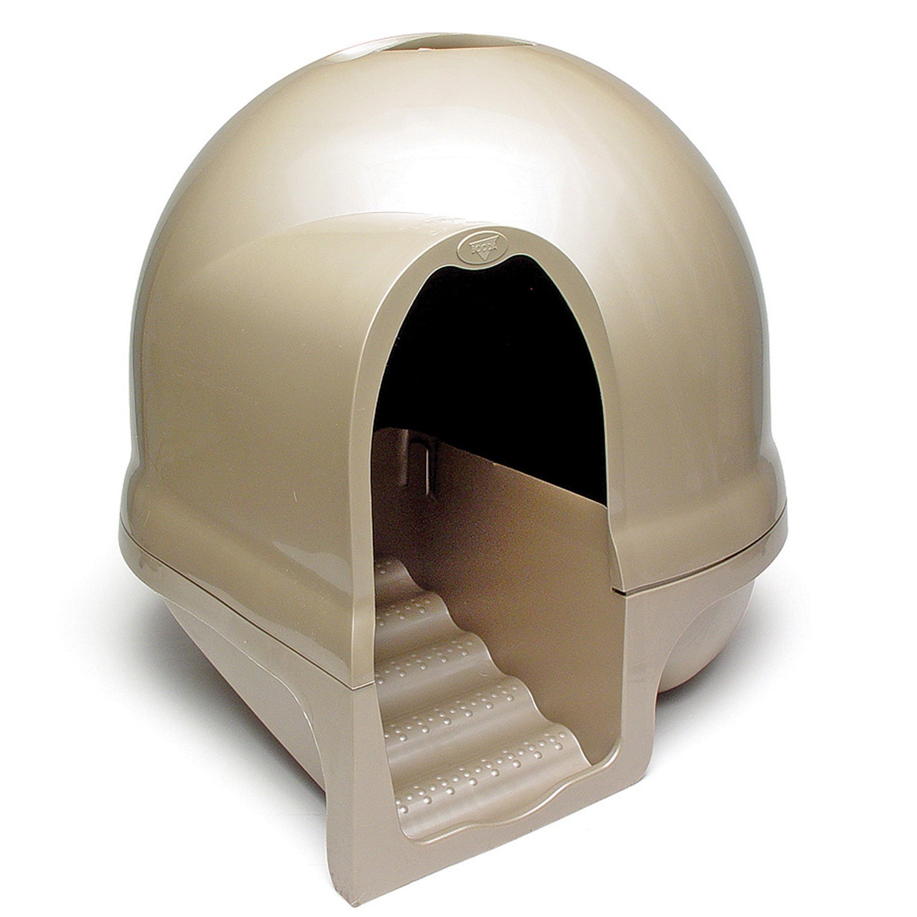 The Pet-mates Booda Cleanstep Litter Dome for Cats by Pet-mates is a beige, igloo-like design featuring a dome shape with a staircase to the entrance. It ensures privacy with its closed dome and includes a charcoal filter for odor control. Its smooth, shiny surface allows easy maintenance.