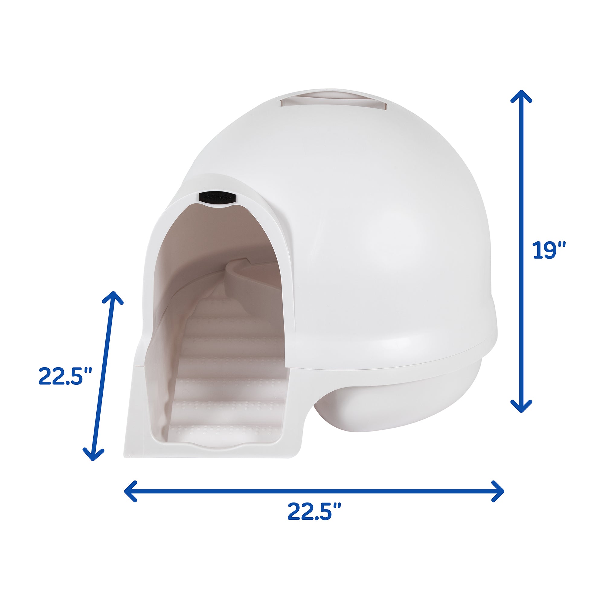 The Pet-mates Booda Cleanstep Litter Dome for Cats by Pet-mates features an enclosed dome design and a textured ramp. It includes a charcoal filter for odor control, measuring 22.5 wide, 22.5 deep, and 19 tall to ensure your cats privacy in style.