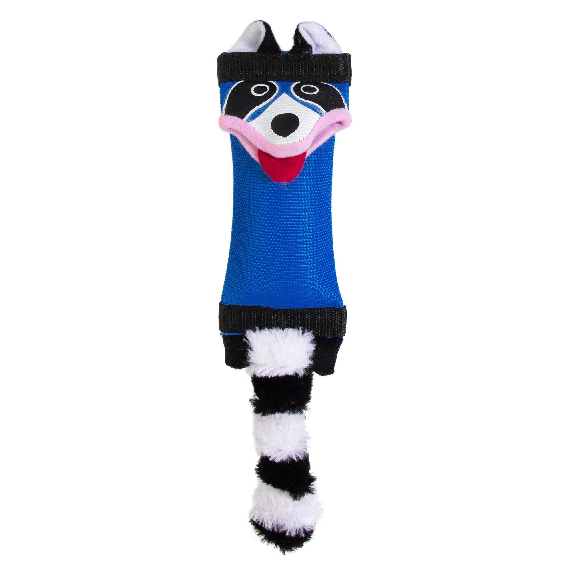The Hyperpet Fire Hose Friends Raccoon Dog Toy is a durable plaything featuring a blue raccoon theme with a smiling face, floppy ears, and a long black and white striped tail, perfect for interactive play.