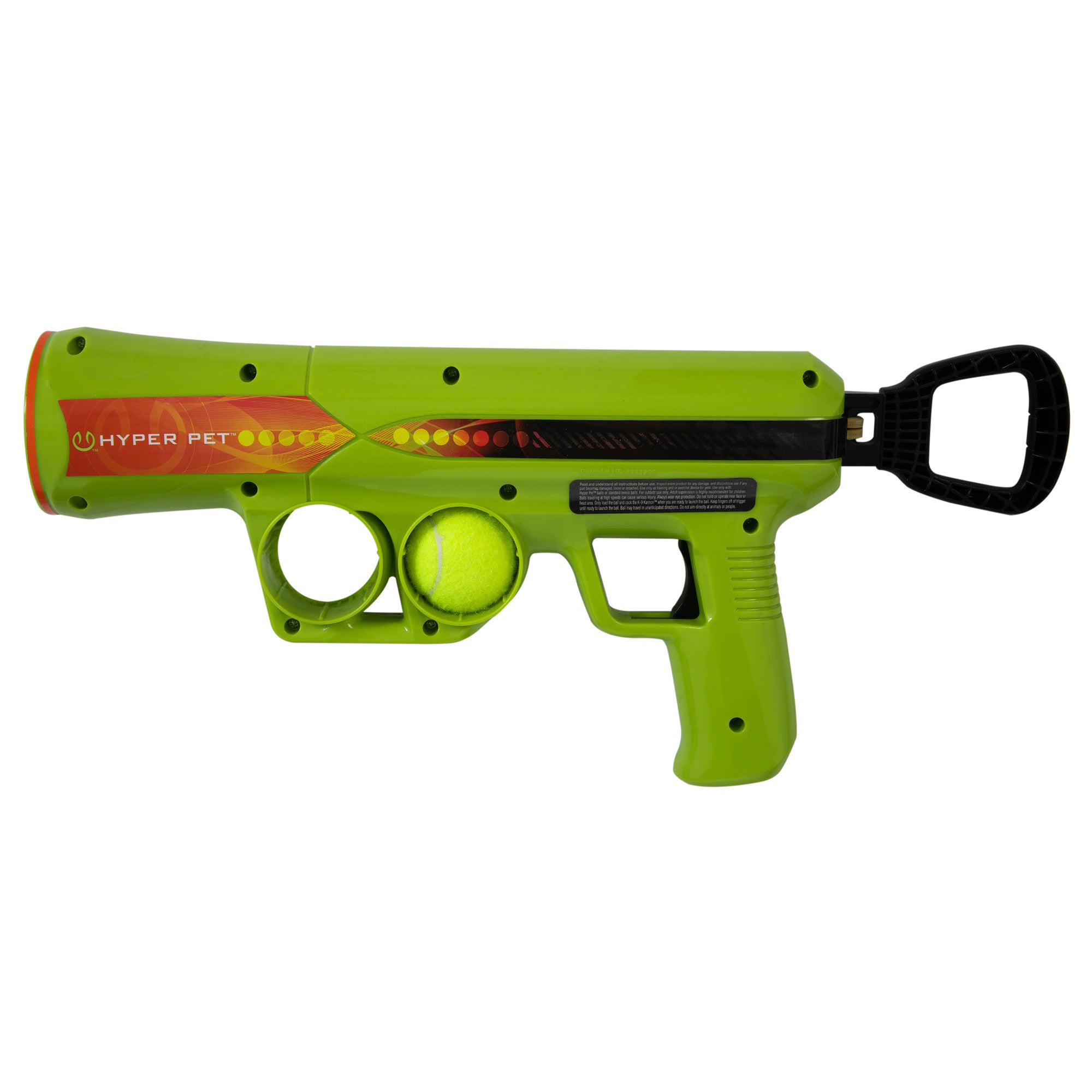 The Hyper Pet K9K2 Kannon Mini Tennis Ball Launcher by Hyperpet is green with a black handle and features two circular openings with a tennis ball. Its side has an orange design and Hyper Pet text, making it fun for small dogs during playtime.
