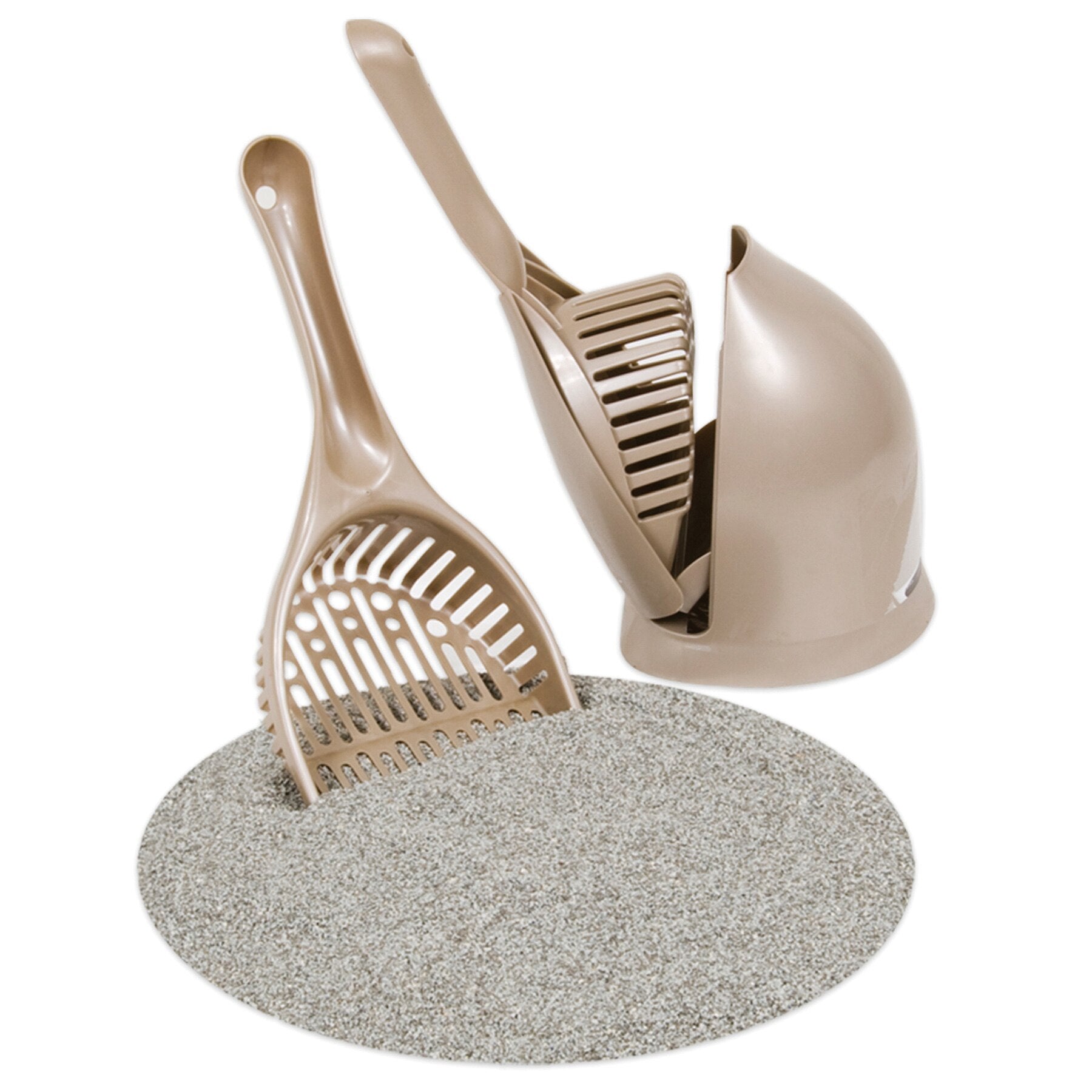 The Pet-mates Scoop N Hide Cat Litter Scoop, by Pet-mates, is a beige scoop and holder set on a circular textured mat. The deep bucket scoop with sifting slots fits into a curved-back holder, offering easy cleaning and organization.