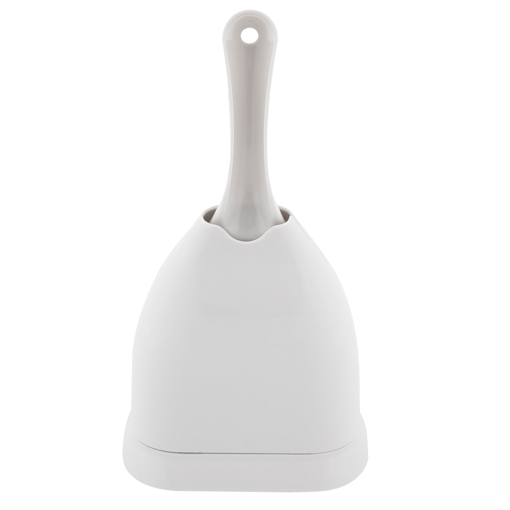 The Pet-mates Scoop N Hide Cat Litter Scoop features a sleek design with a long handle and stands upright in a matching dome-shaped holder, offering custom-designed storage that is both elegant and functional.
