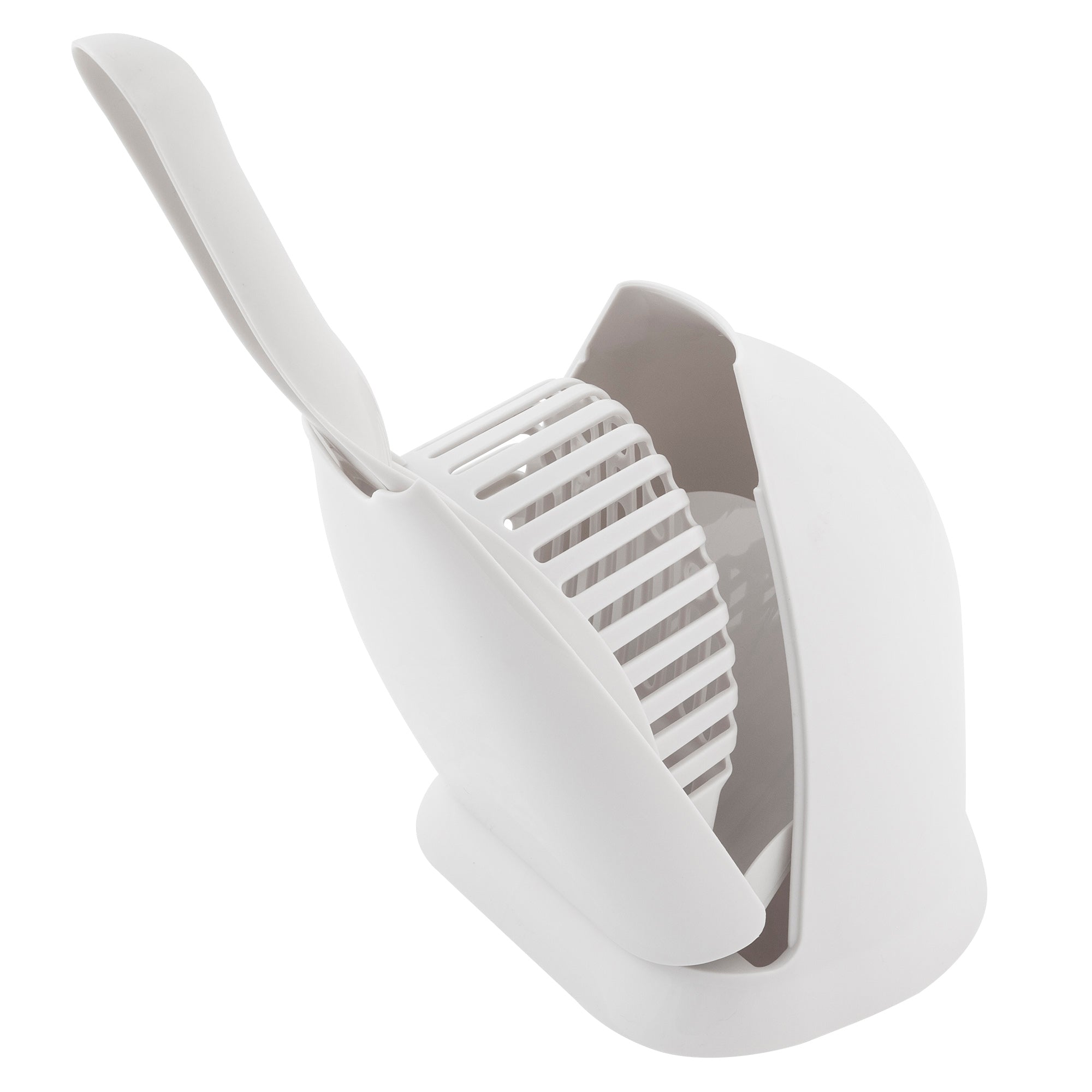 The Pet-mates Scoop N Hide Cat Litter Scoop is a white tool featuring a slotted surface with an attached handle, specifically designed for easy gripping. Its innovative structure makes scooping and handling cat litter effortless while allowing the handle to extend upright comfortably.