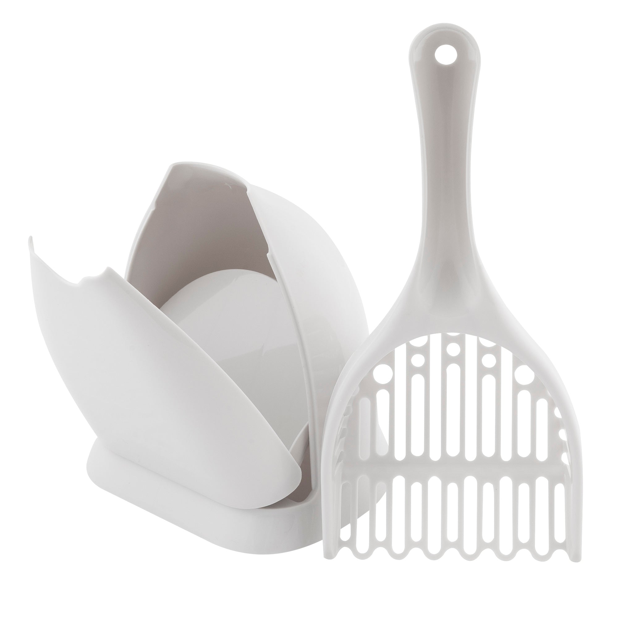 The Pet-mates Scoop N Hide Cat Litter Scoop, by Pet-mates, offers a white design with a long-handled, slotted scoop for easy sifting and a custom-designed holder for convenient storage. Made from durable plastic, both pieces ensure long-lasting use.