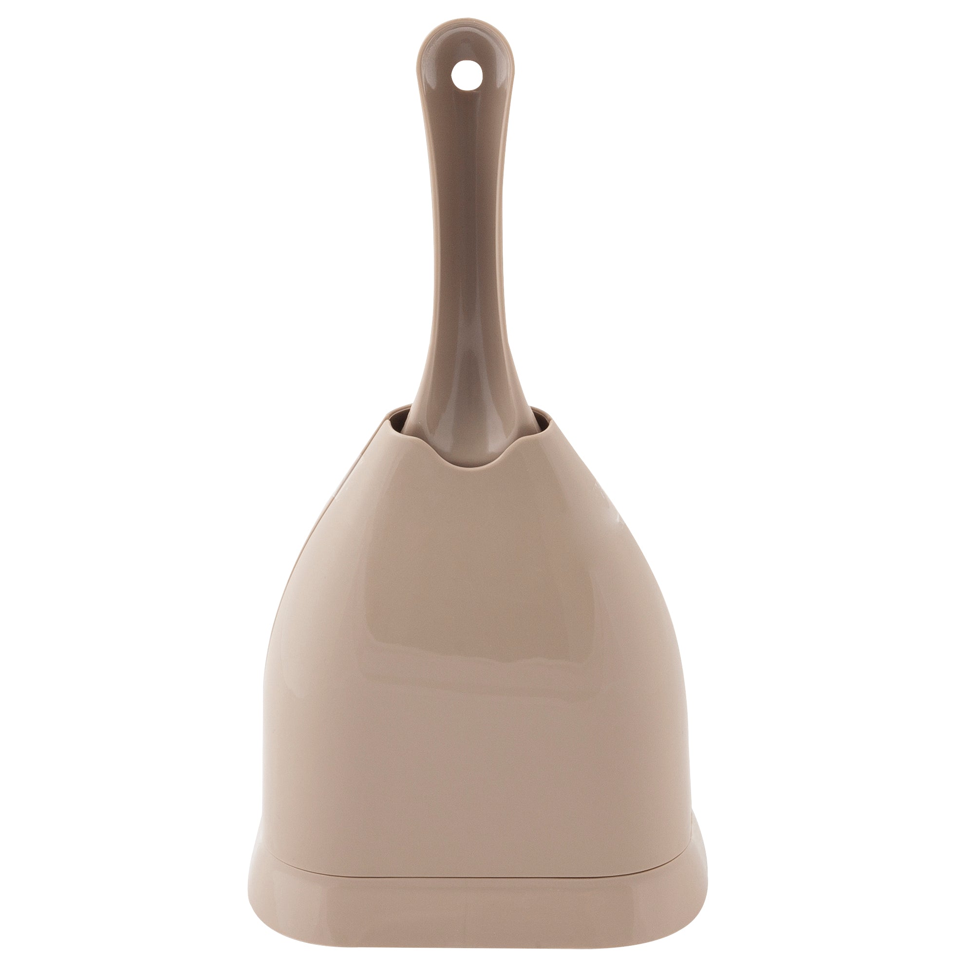 The Pet-mates Scoop N Hide, a light brown cat litter scoop with a rounded holder and handle designed for efficient storage, stands upright against a white background.