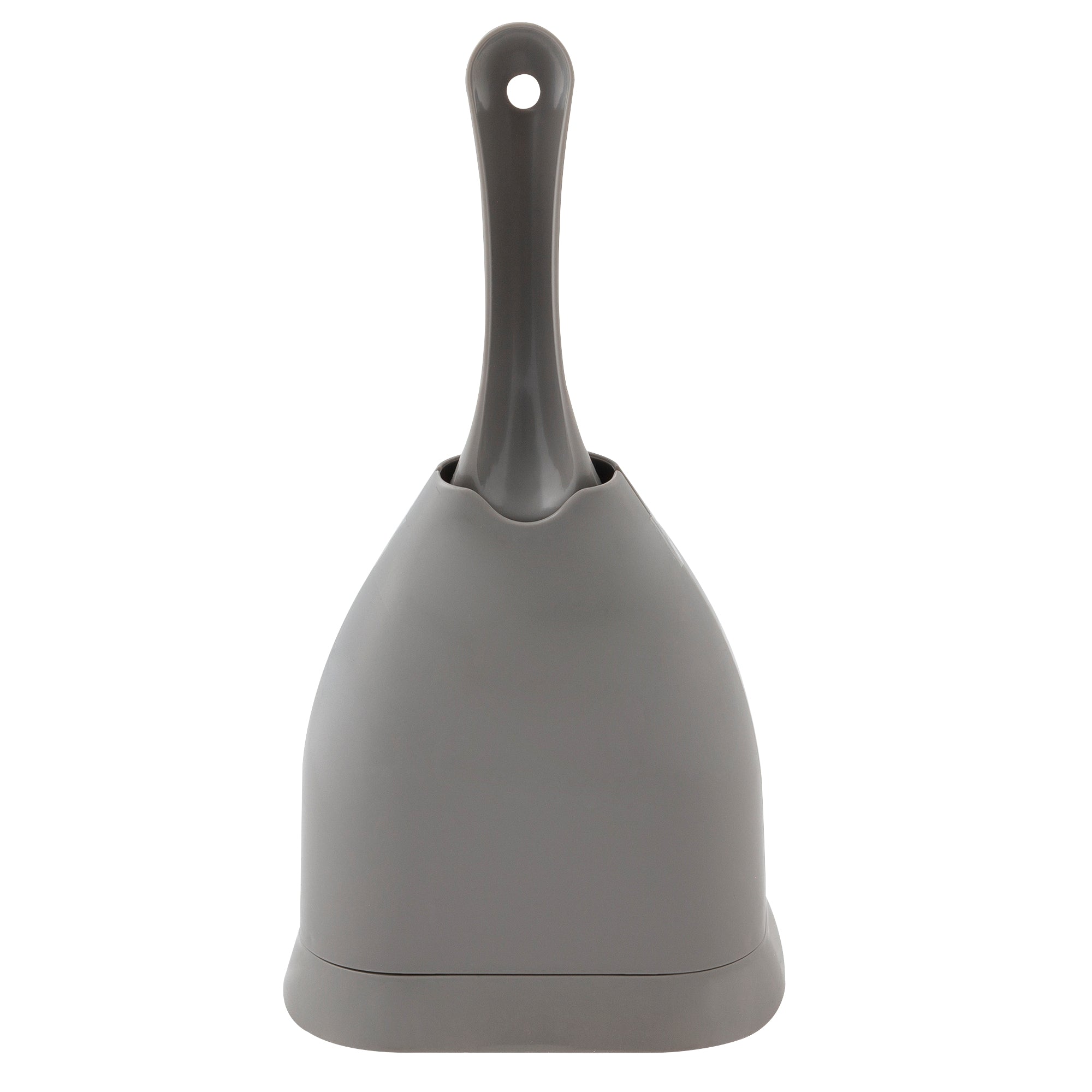 The Pet-mates Scoop N Hide, a gray litter scoop with a long handle, rests inside its matching holder, resembling a deep bucket scoop, standing upright against a white background.
