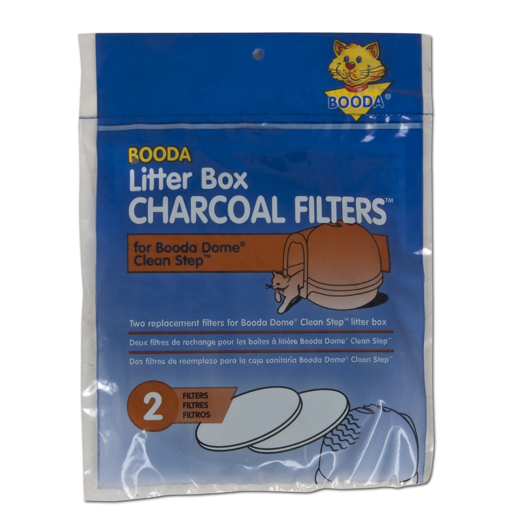 The Pet-mates Cleanstep Litter Box Filters 2 Pack features a blue package with a cat and litter box illustration. The text is in English, French, and Spanish. These non-toxic filters by Pet-mates contain two replacements to effectively combat litter box odors.