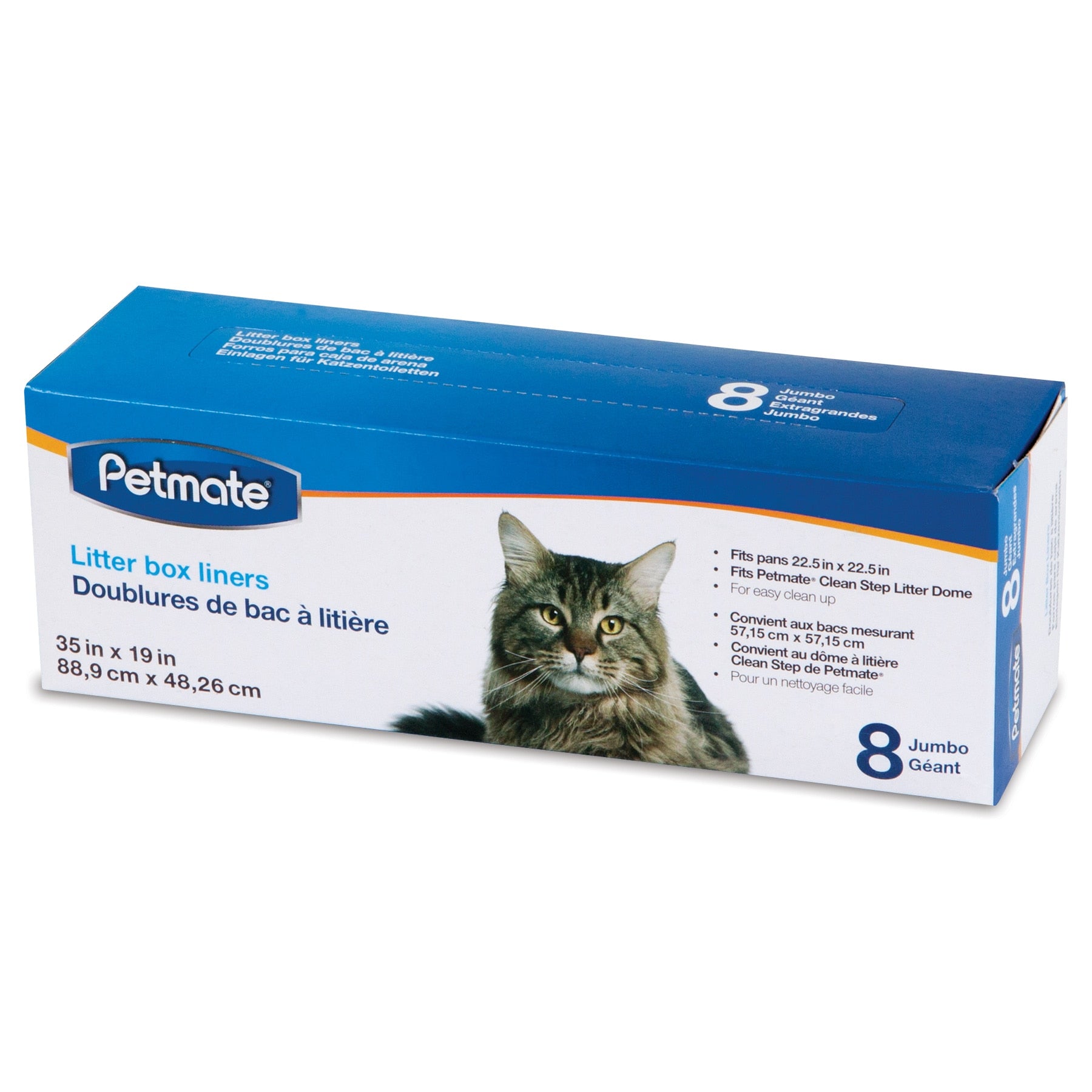 A blue and white box of Pet-mates Cleanstep Litter Box Liners features a long-haired cat and promises easy cleanup. Each box includes eight Jumbo Liners, measures 35.9 x 19 inches (88.9 x 48.26 cm), and is designed for superior odor control.