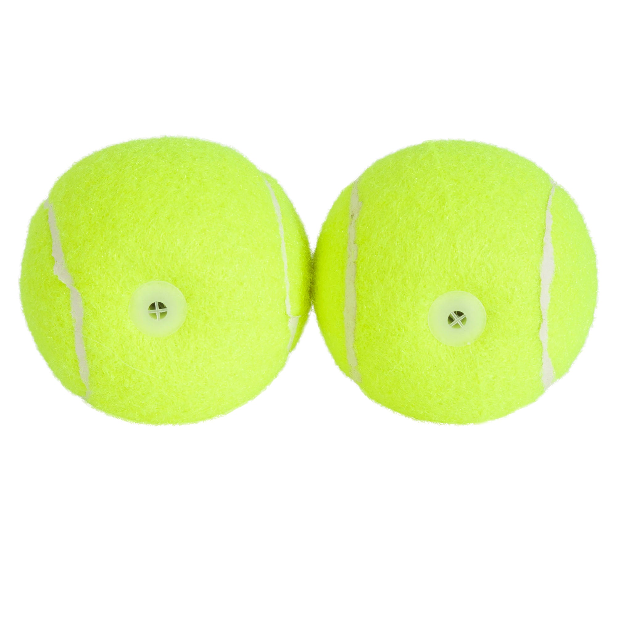 Two bright yellow Hyper Pet Squeaks! Tennis Balls With Squeakers by Hyperpet sit on a plain white background, each showing visible seams and a small central circular indentation, likely for mounting or display.