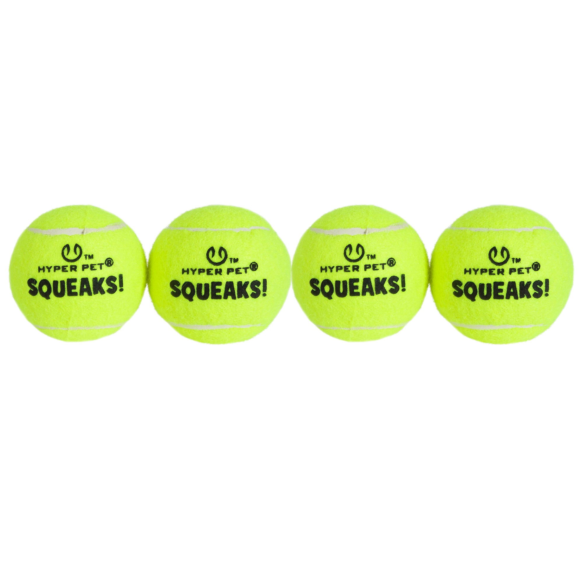 Four Hyper Pet Squeaks! Tennis Balls With Squeakers are aligned in a row. Each bright yellow ball displays the Hyper Pet Squeaks! logo in black. Ideal for Hyper Dog Ball Launchers, they are evenly spaced on a plain white background.