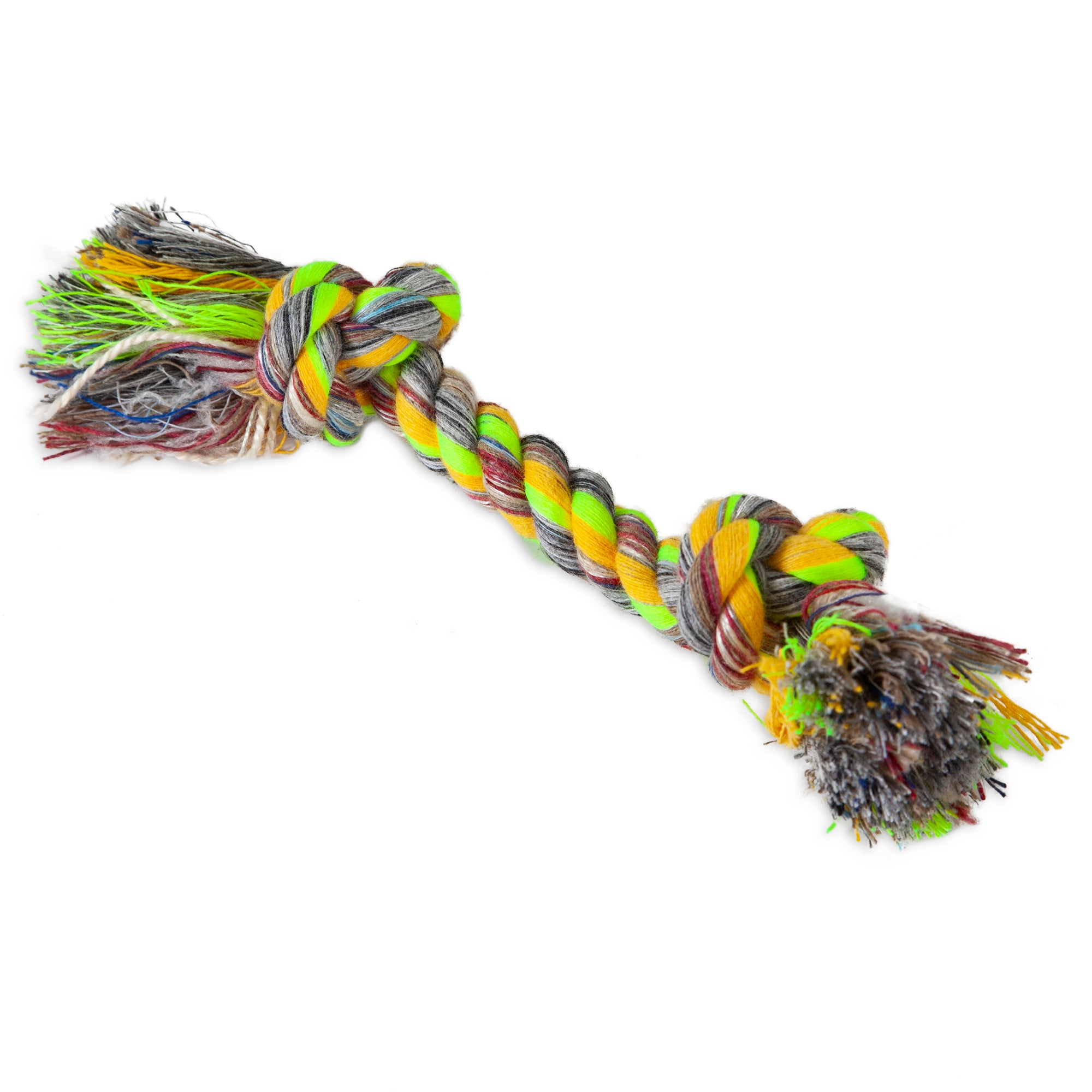 The Pet-mates Booda Multi-Colored Rope Bone by Pet-mates features fringed ends with intertwined strands of green, yellow, orange, blue, and gray. Designed for dog chews and dental health, its ideal for pets to play with against a plain white background.
