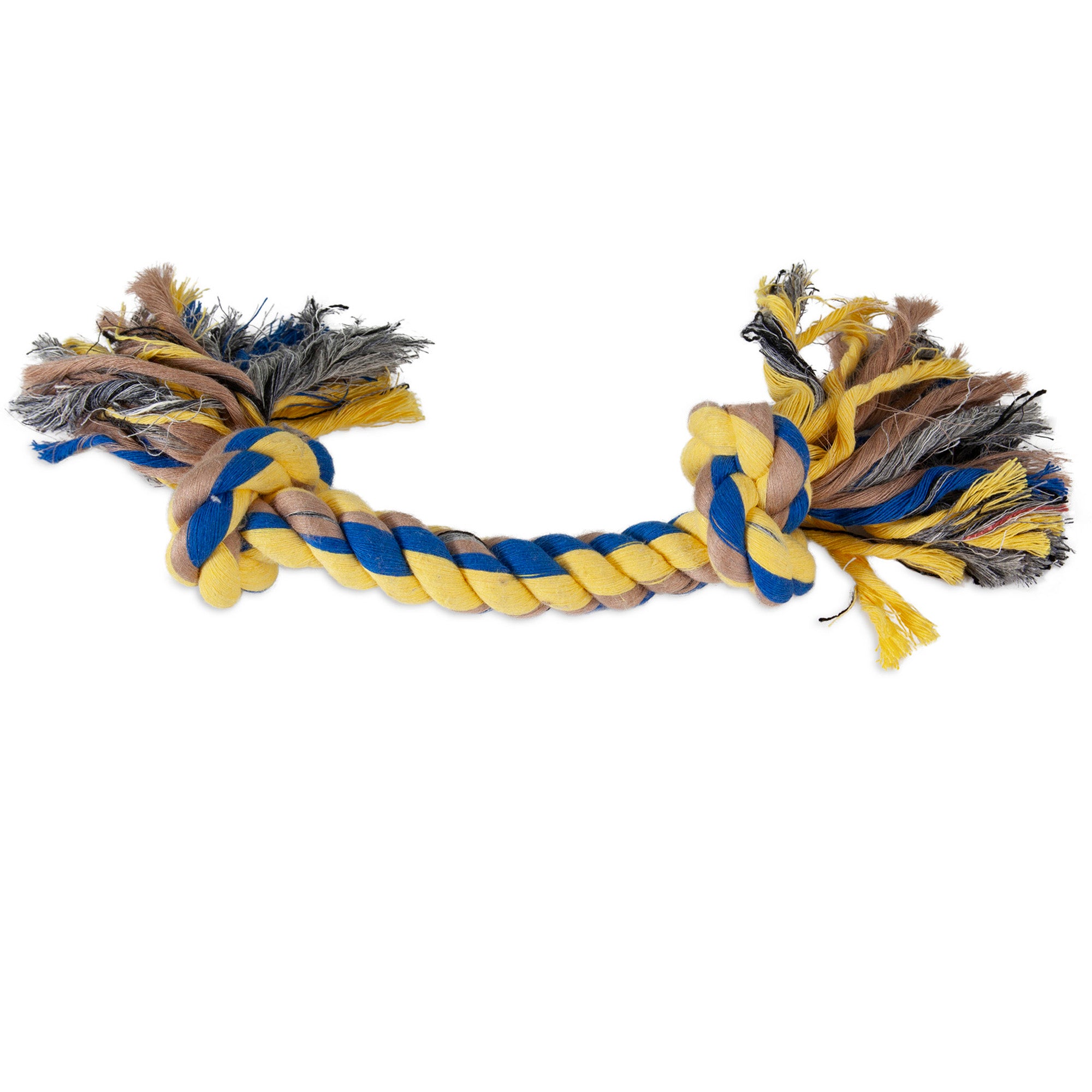 Introducing the Pet-mates Booda Multi-Colored Rope Bone, a vibrant dog toy made from blue, yellow, and gray ropes with fringed ends. Ideal for fun and play, it also aids in dental health as a natural chew to prevent dental disease and improve oral hygiene.
