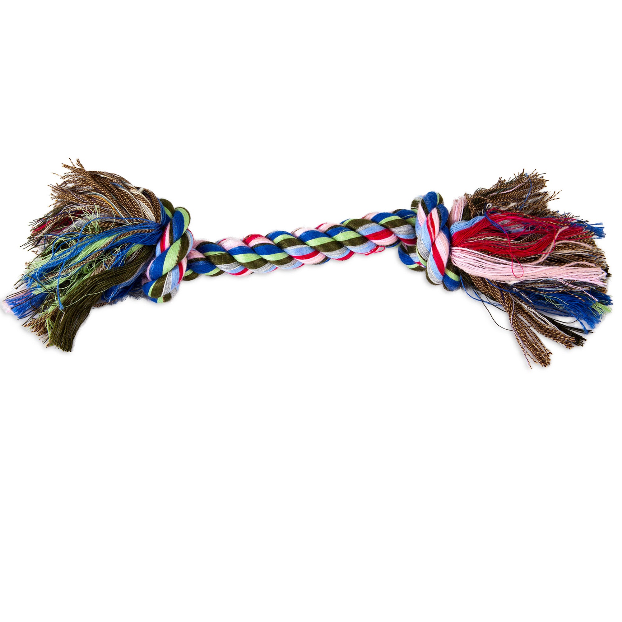The Pet-mates Booda Multi-Colored Rope Bone by Pet-mates features frayed ends in blue, green, red, pink, and white. Perfect for tugging and chewing, this sturdy rope toy entertains while aiding in dental disease prevention with its vibrant strands.