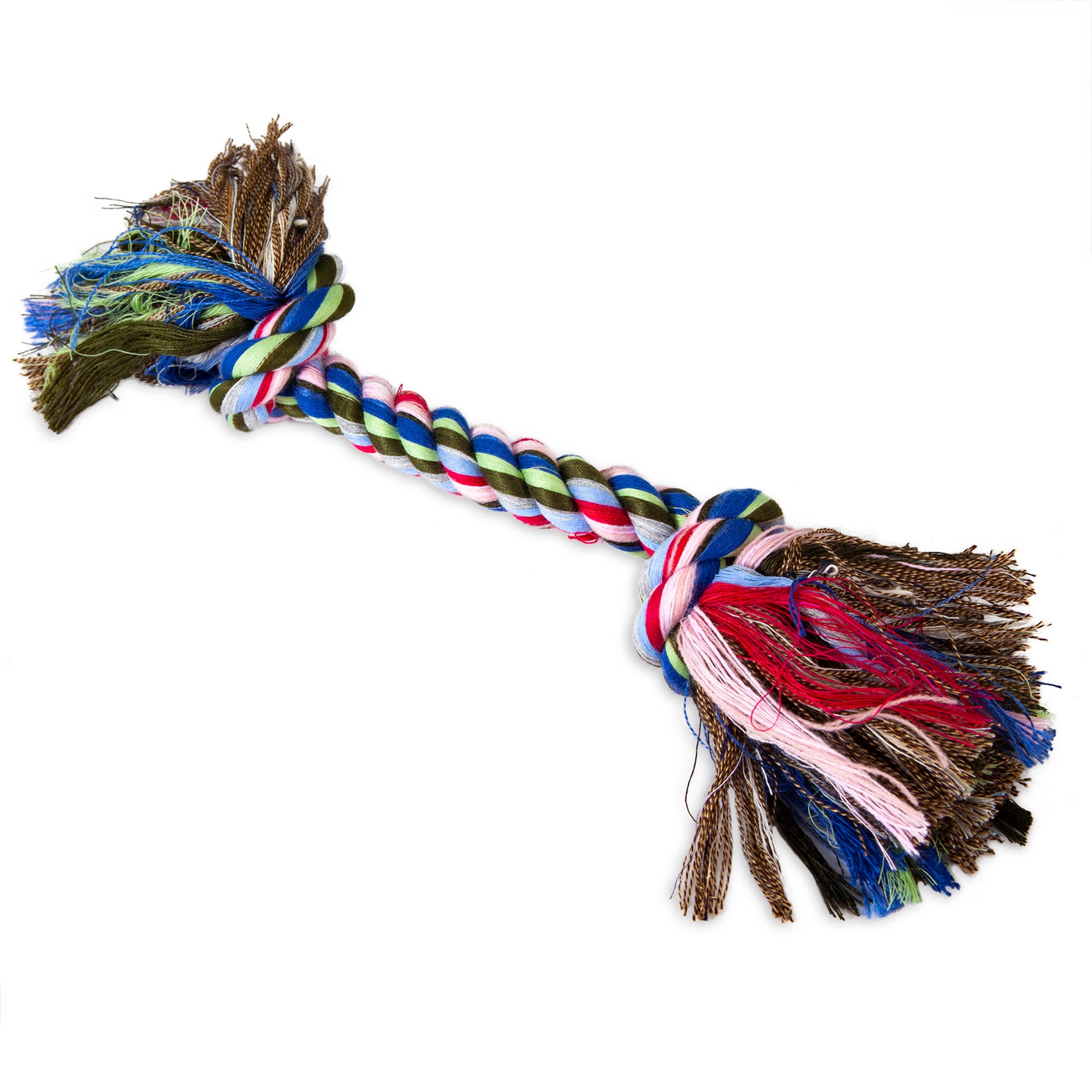 The Pet-mates Booda Multi-Colored Rope Bone, by Pet-mates, combines twisted strands of blue, green, white, and red with frayed ends. Perfect for playful pups and dental health support, this vibrant toy is set against a plain white background.
