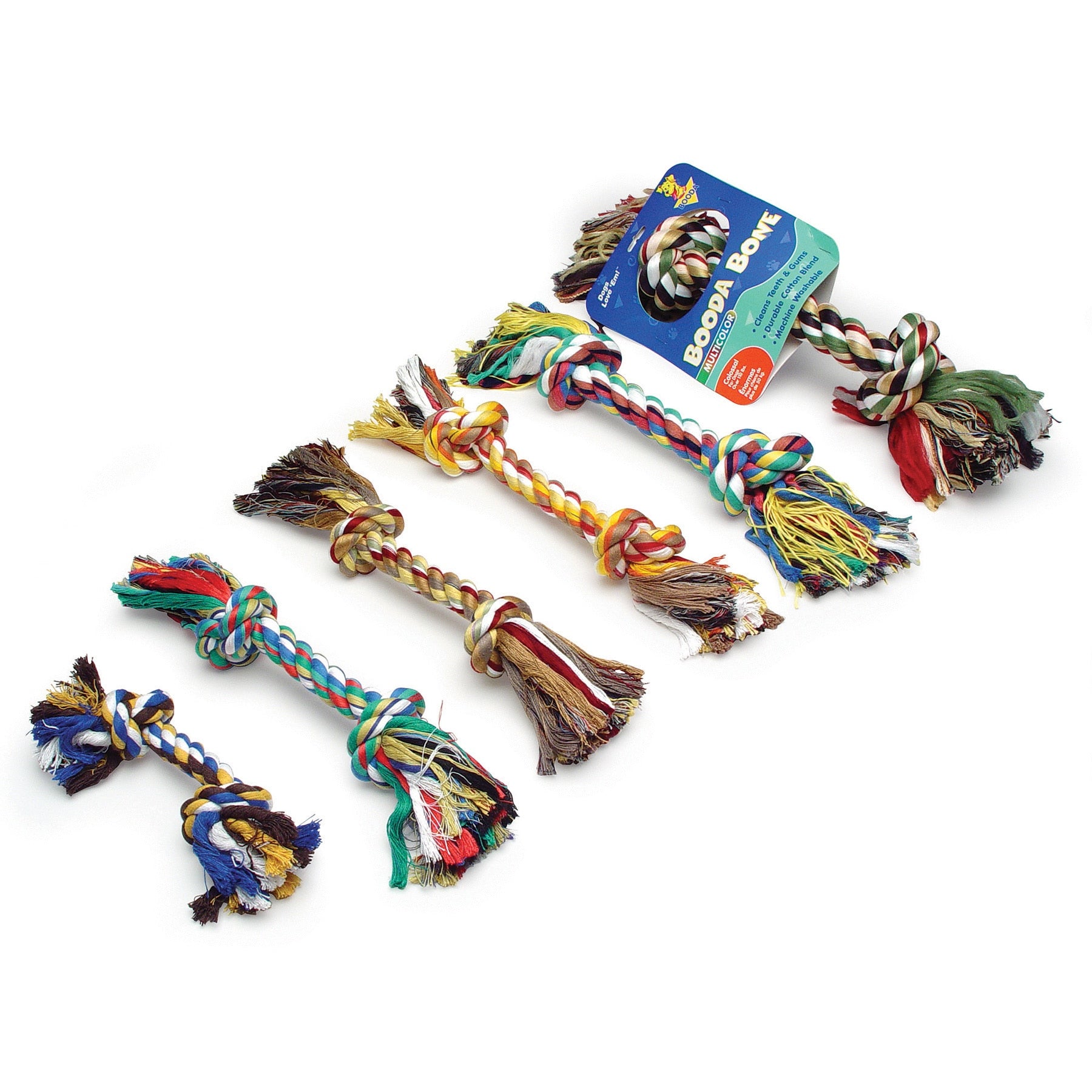 Six vibrant Pet-mates Booda Multi-Colored Rope Bones are arranged in two rows on a white background. Each toy, ideal for dental health, features strands of blue, green, and red. The top right toy has a label with product information.