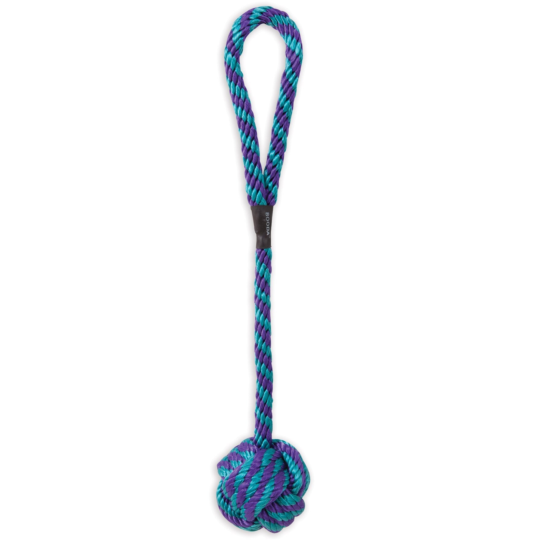 Introducing the Pet-mates Booda Wing-A-Ball Dog Toy, an interactive toy with a blue and purple twisted rope featuring a loop handle at the top and a large knot at the bottom, ideal for tug-of-war or fetch.