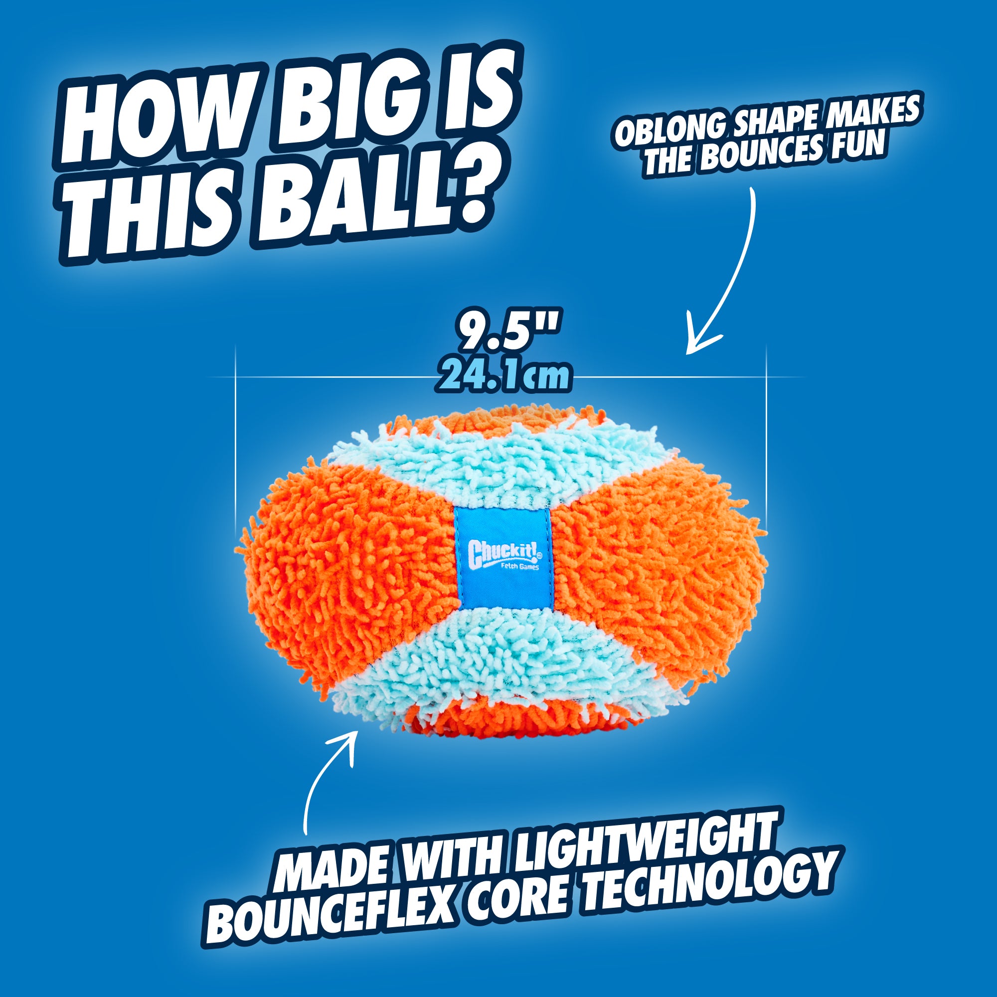 The Chuckit! Indoor Fumbler, by Chuckit, is a vibrant orange and blue ball with a textured surface against a blue background. Its oblong shape and Bounceflex Core technology ensure enhanced bouncing for endless indoor fetch fun, measuring 9.5 inches (24.1 cm) in diameter.