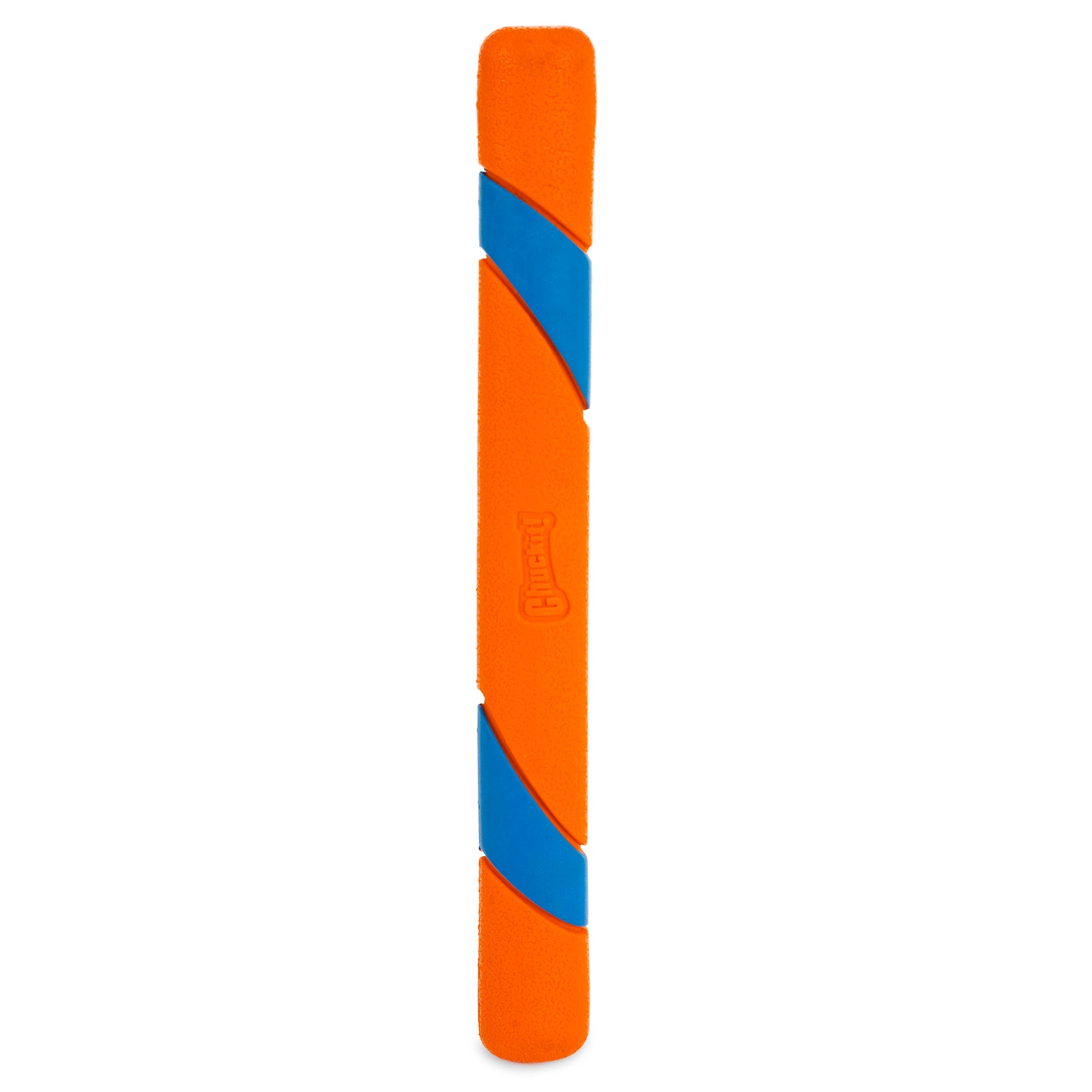 The Chuckit! RingChaser and Fetch Toy Set by Pet-mates includes a vibrant orange foam stick with blue stripes, featuring a textured grip for secure handling and embossed with Chuckit to add flair to your collection.