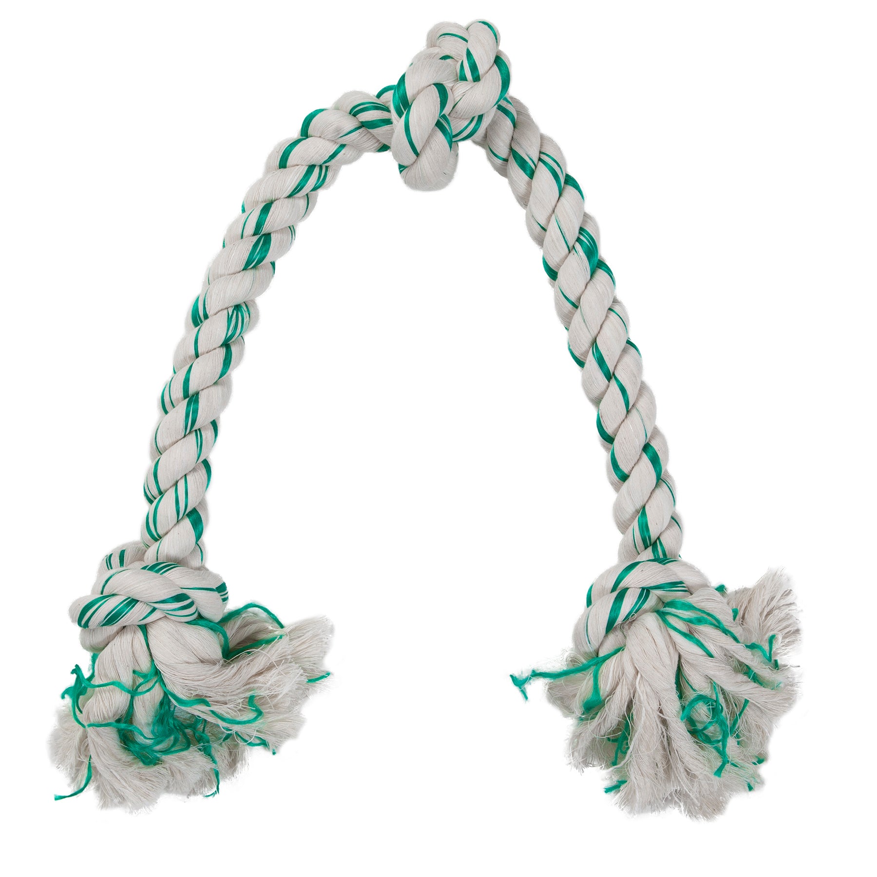 The Pet-mates Booda Fresh N Floss Spearmint 3-Knot Rope Dog Toy from Pet-mates, designed for plaque control, features white and green braids with frayed ends and a knot at the top, set against a white background.