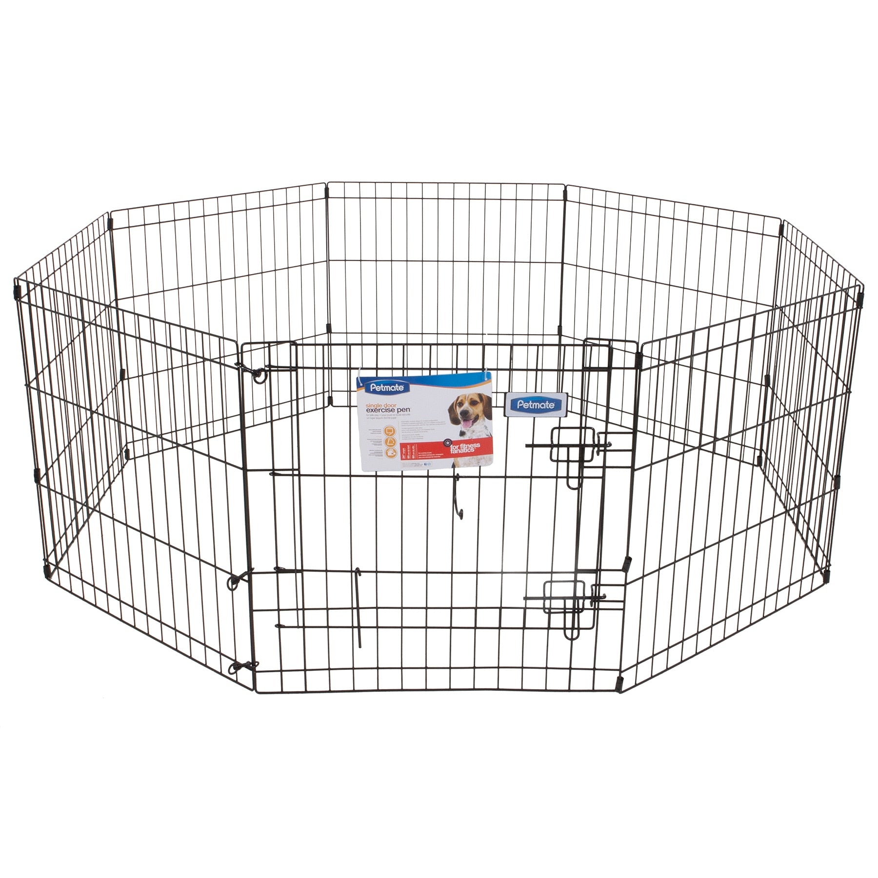The Pet-mates Single Door Exercise Pen by Pet-mates is a portable black metal pen with durable wire, featuring eight panels in an octagonal shape. It includes two secure latches on the gate and has a label showcasing a small dog along with product details.