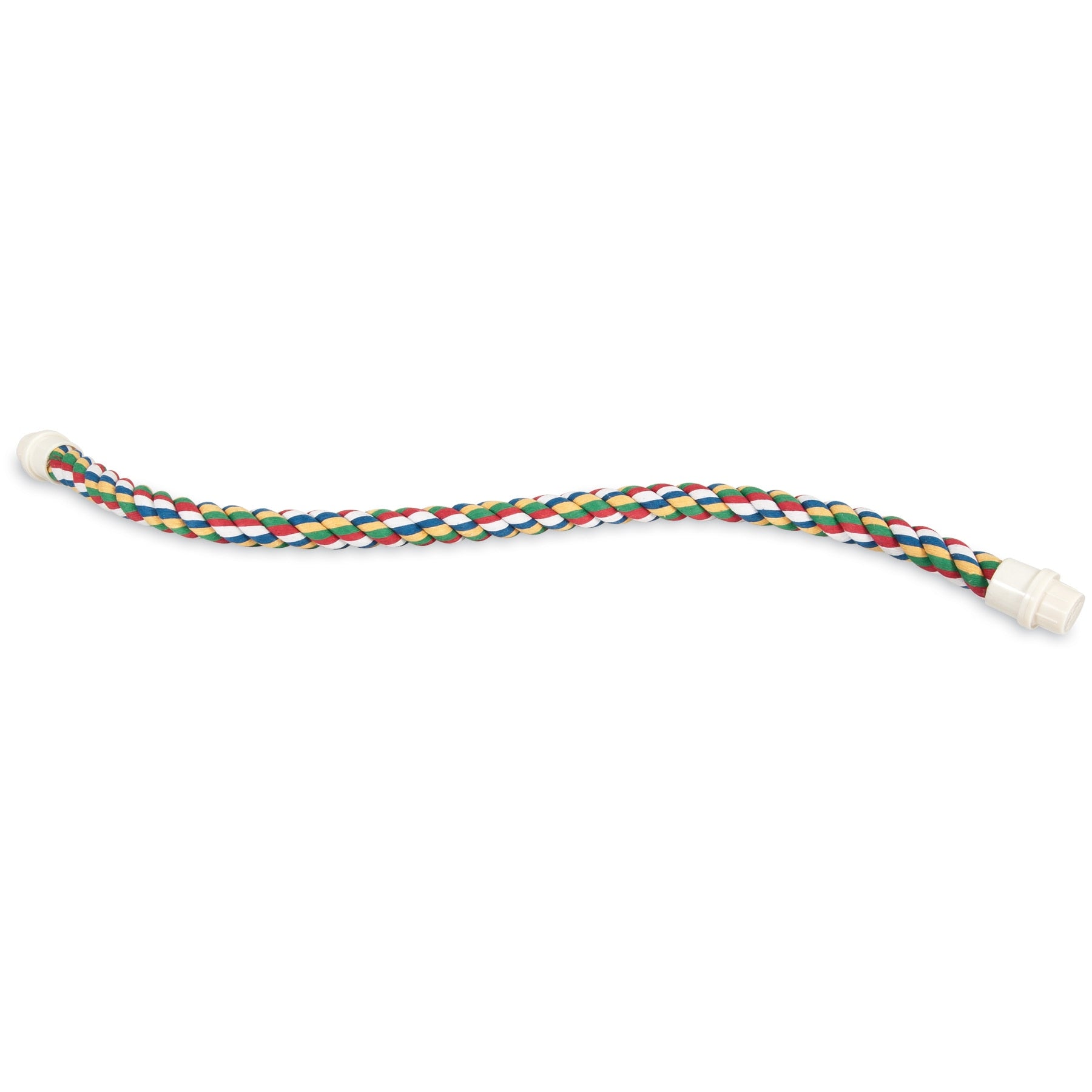 A versatile JW Pet Comfy Bird Perch, resembling a lively multi-colored rope with red, green, and white strands coiled on a plain white background, boasts connectors at both ends for functionality and visual appeal.