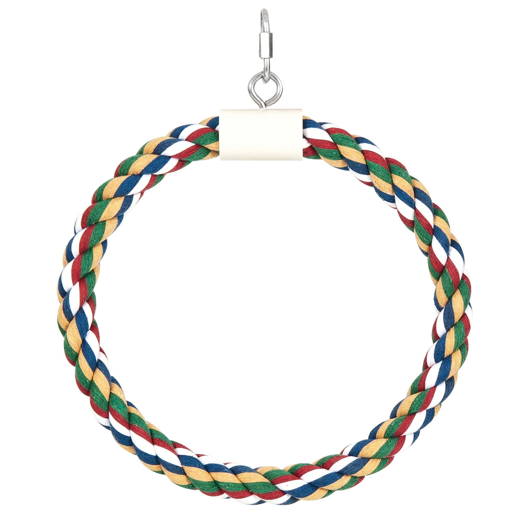 The JW Swing N Perch Bird Toy by Jw is a vibrant keychain loop with red, green, yellow, blue, and white strands. It features a metallic clasp for attachment and draws inspiration from bird perch designs for a stylish and practical accessory.