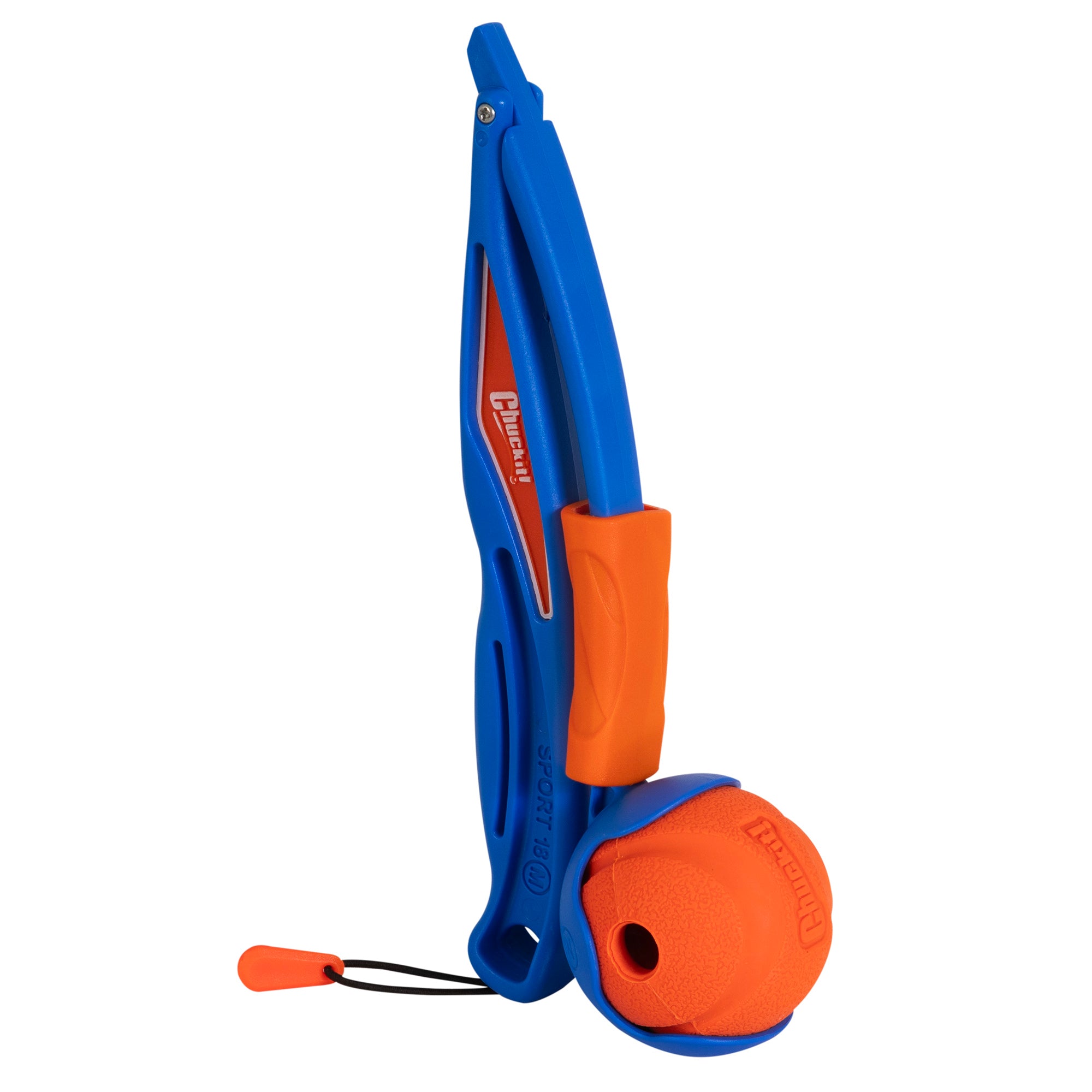 Meet the Chuckit! Fetch & Fold Mini 18M Launcher in vibrant blue and orange. Featuring an ergonomic handle and hanging loop, it includes a rubber fetch ball at the end, making it ideal for endless fun with your furry friend. From Chuckit.