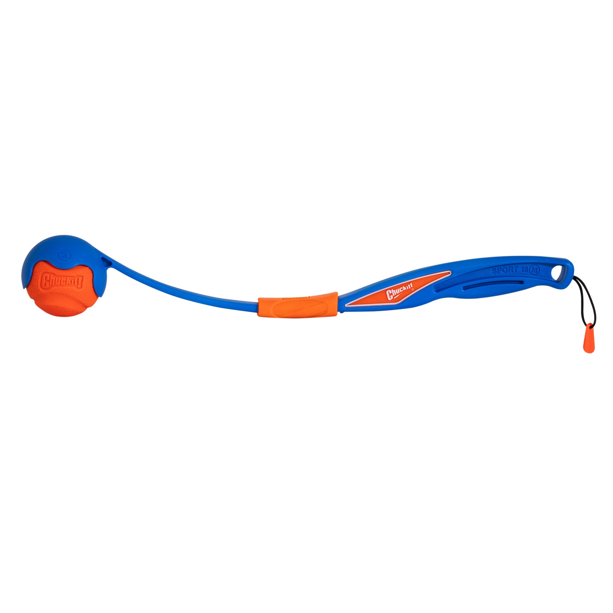 The Chuckit! Fetch & Fold Mini 18M Launcher by Chuckit is a vibrant blue and orange sport launcher with a handle, featuring a secured fetch ball. Its design includes a small loop for hanging, perfect for adventures with your furry friend.