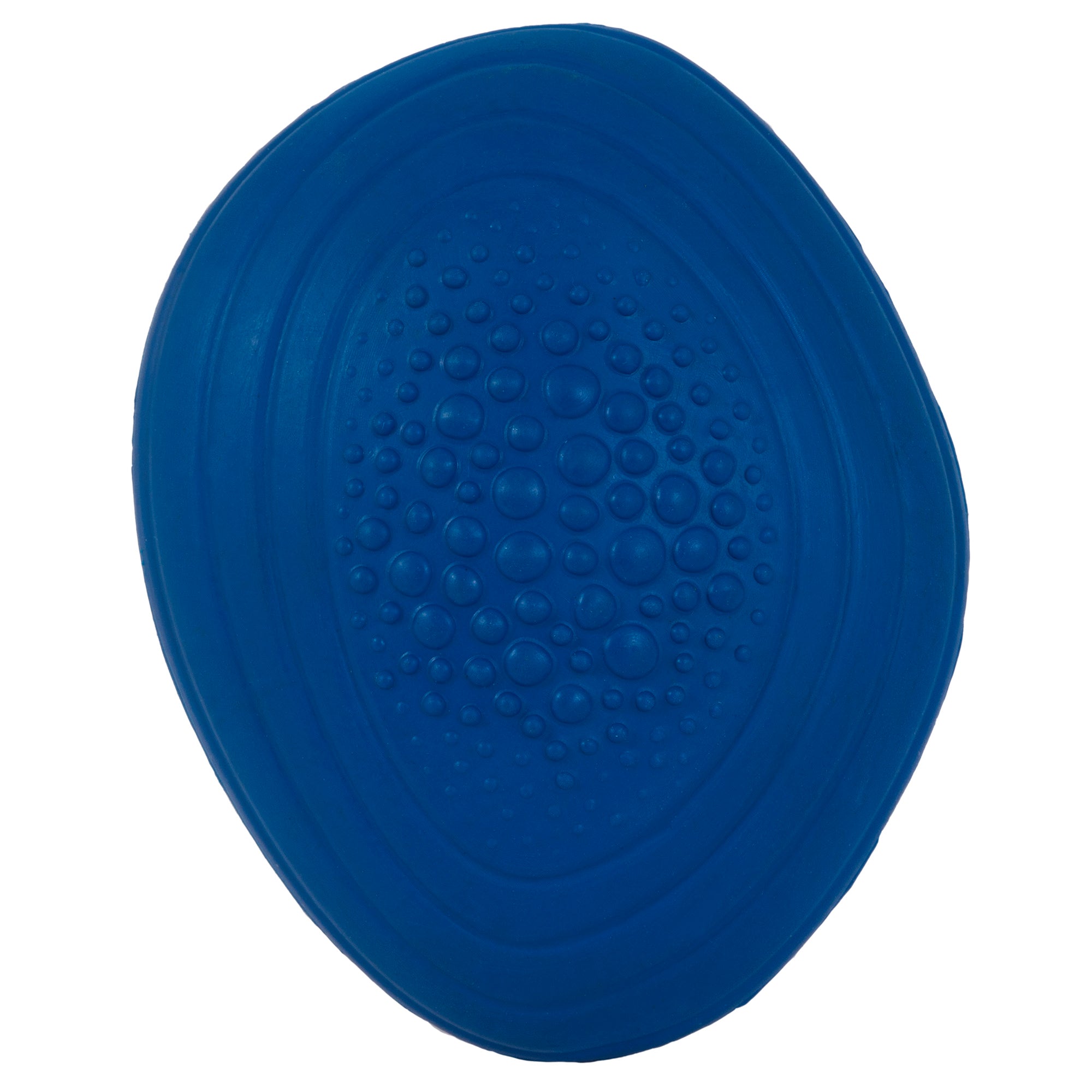 The JW Puddle Stone Pop Puppy Teether Chew Toy by Jw is a blue, oval-shaped toy with a textured surface and raised concentric design. It features circular bumps resembling bubbles for gum relief, perfect as a teething toy.