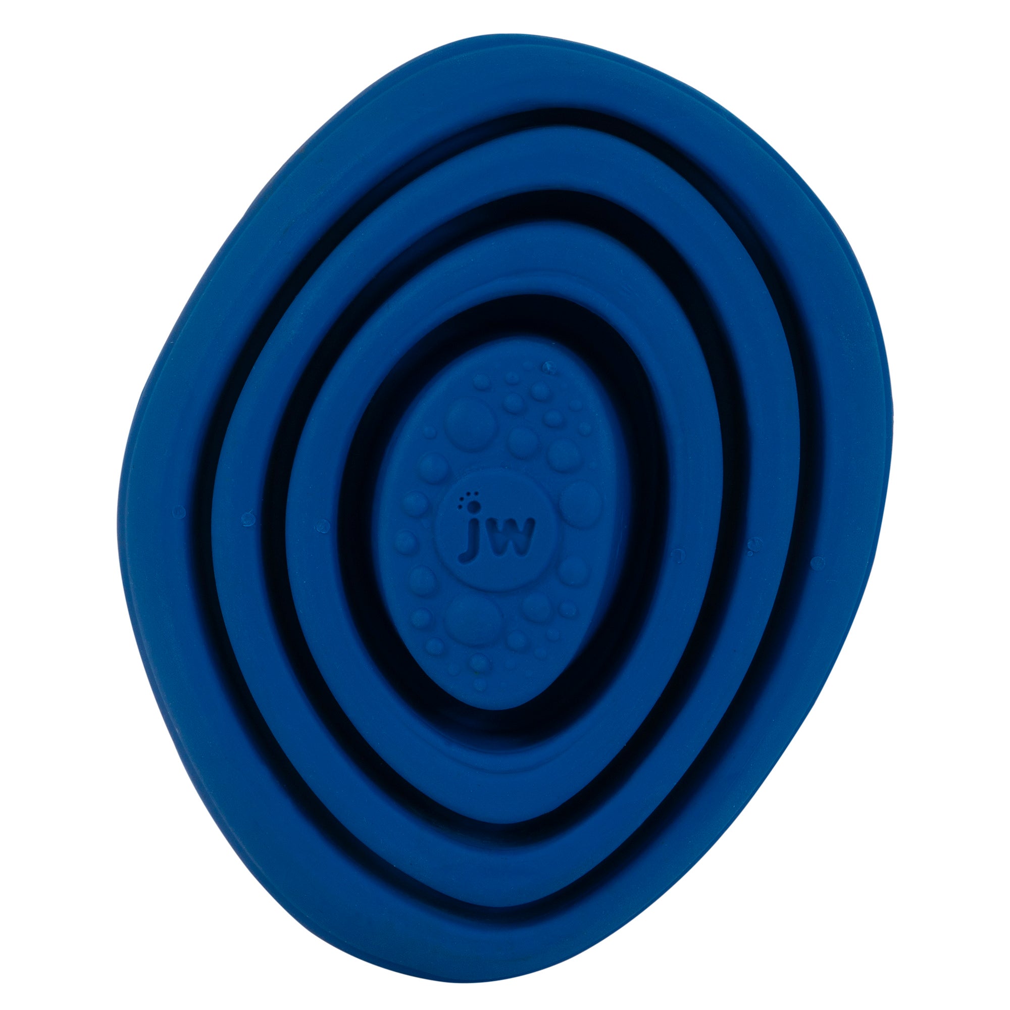 The JW Puddle Stone Pop Puppy Teether Chew Toy features an oval shape with concentric rings and raised bubble textures for gum relief. Its blue color is perfect for puppies, and JW is embossed at the center.