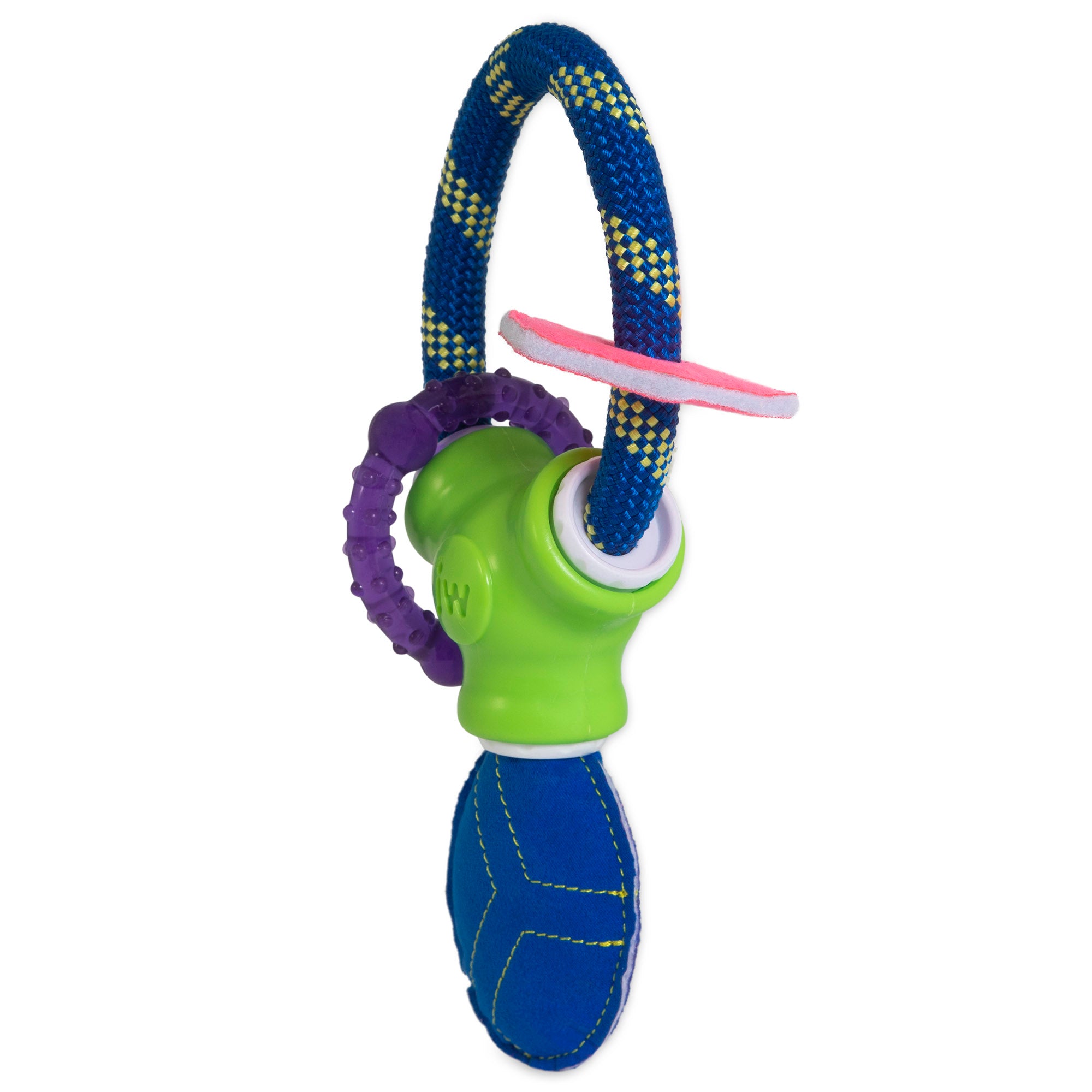 The JW Puppy Connects Soft-ee by Jw is a vibrant and durable chew toy featuring a customizable design with a braided blue and yellow loop, green and purple rubber part, pink ring, and blue fabric with yellow stitching—perfect for puppy teething.