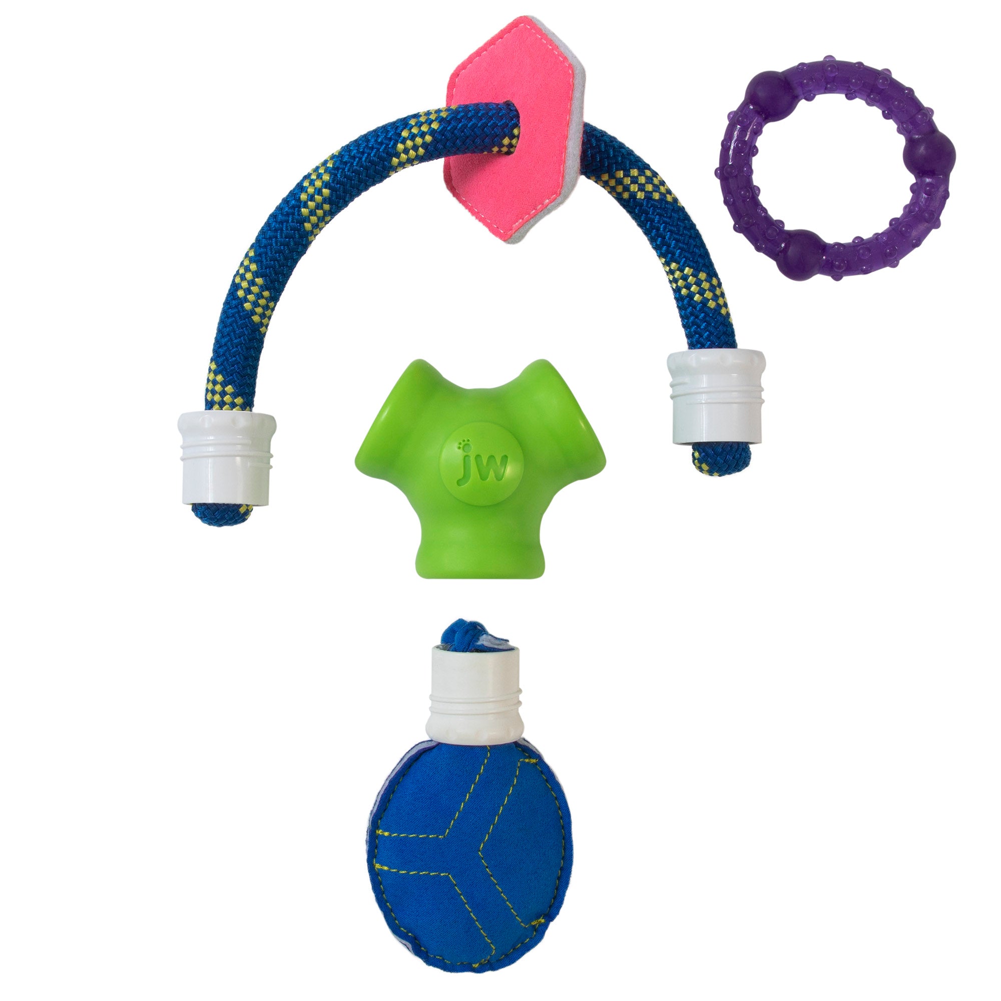 Explore the JW Puppy Connects Soft-ee: a vibrant set of durable dog toys. It includes a chew rope with pink pentagonal attachment, a green jw rubber piece, and a customizable purple ring with textured bumps—perfect for playful pups and puppy teething!.