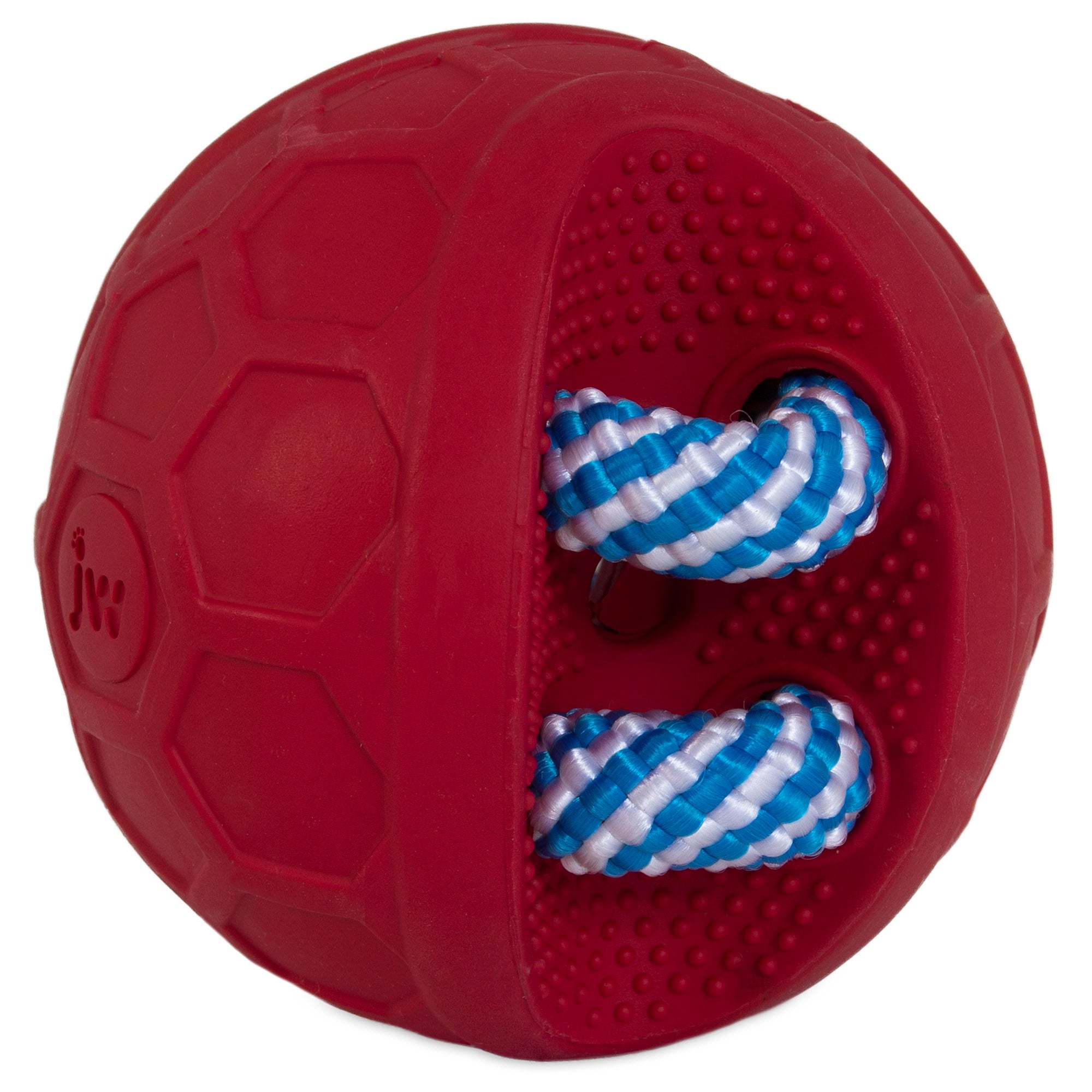 The JW Fits All Treat Ball Dog Toy from Jw is a red, spherical toy with a honeycomb pattern, featuring mentally-stimulating play and two blue-and-white striped ropes threaded through one side.