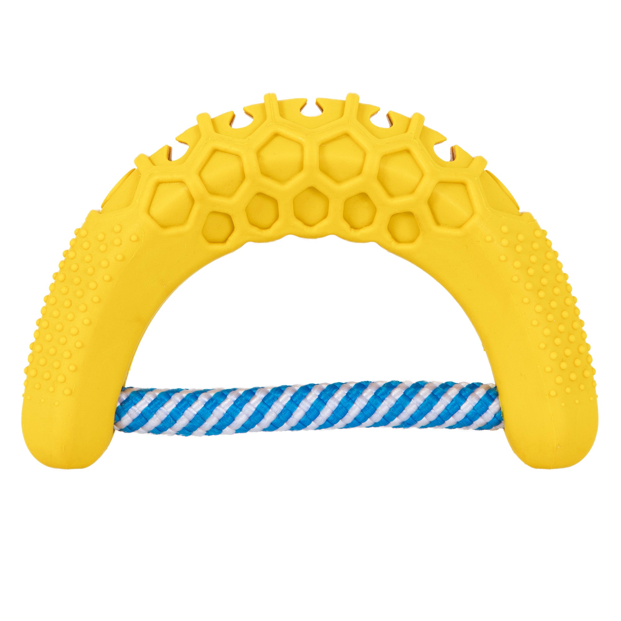 The JW Banana Chew-ee Dental Dog Toy from Jw is a yellow dog dental chew featuring a textured, arch-shaped durable rubber handle with hexagonal patterns. Its connected to a blue and white rope, ideal for tug-of-war and interactive play.