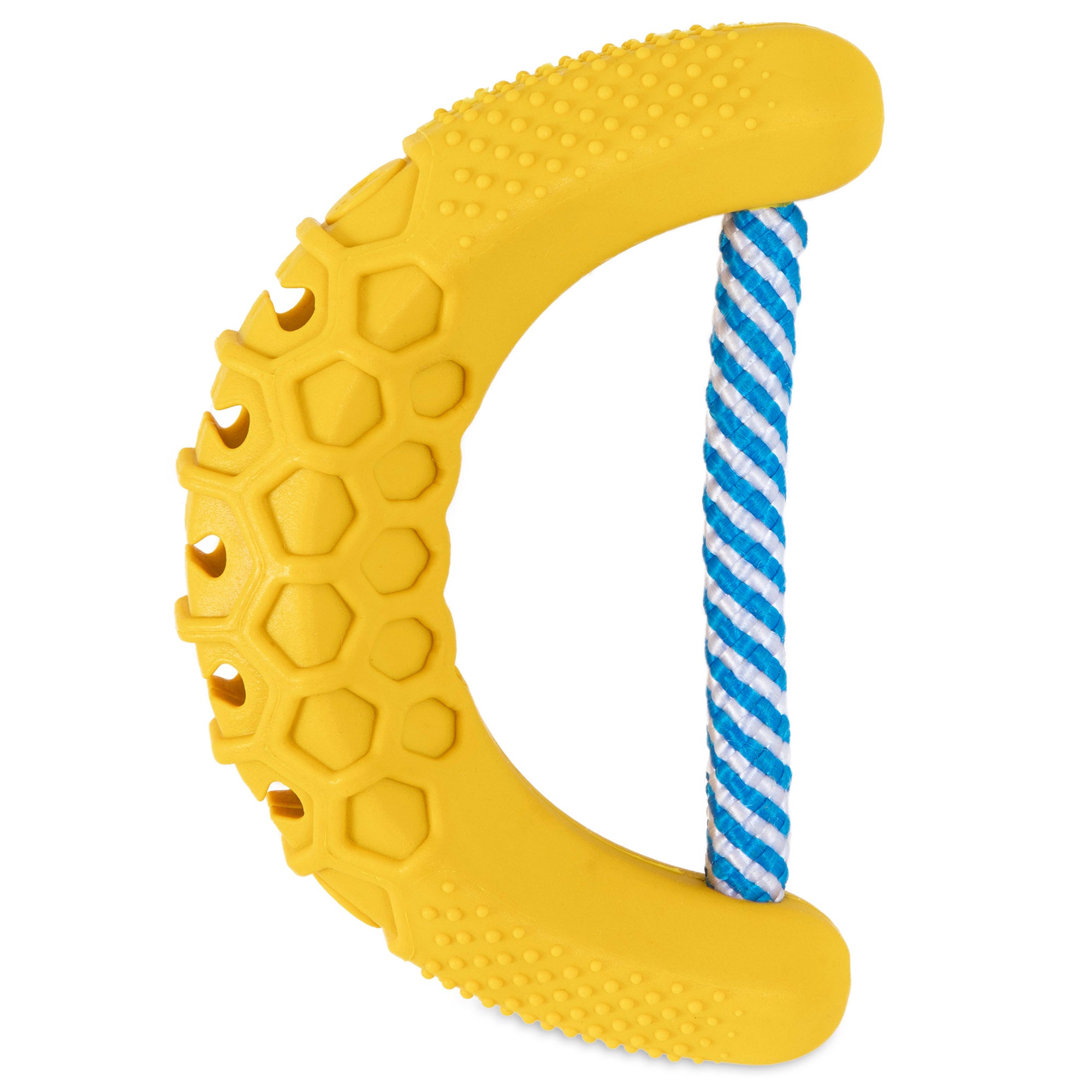 The JW Banana Chew-ee Dental Dog Toy by Jw is a durable yellow rubber toy shaped like a boomerang, featuring a blue and white striped rope through the center. It has a honeycomb pattern on one side and textured bumps on the other to encourage engaging play and dental health.