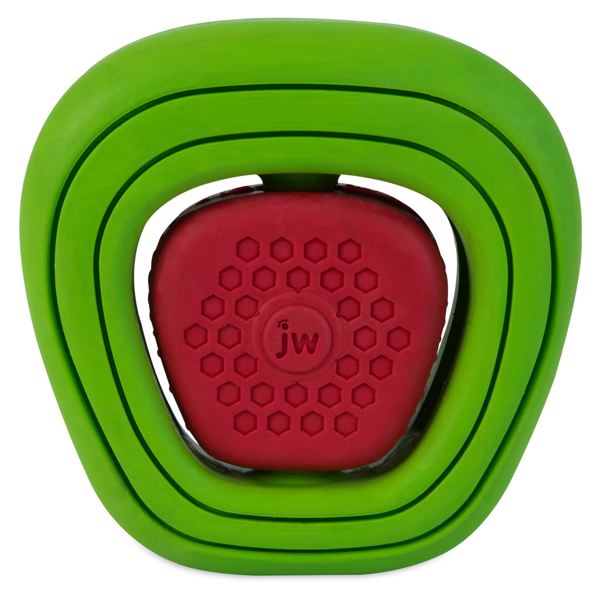 The JW Apple Core Chew-ee is a green, three-layered, rounded triangular dog toy with a red center featuring a hexagonal pattern and JW lettering. The red core is secured within the green outer layer and helps entertain your pet while aiding in teeth cleaning.