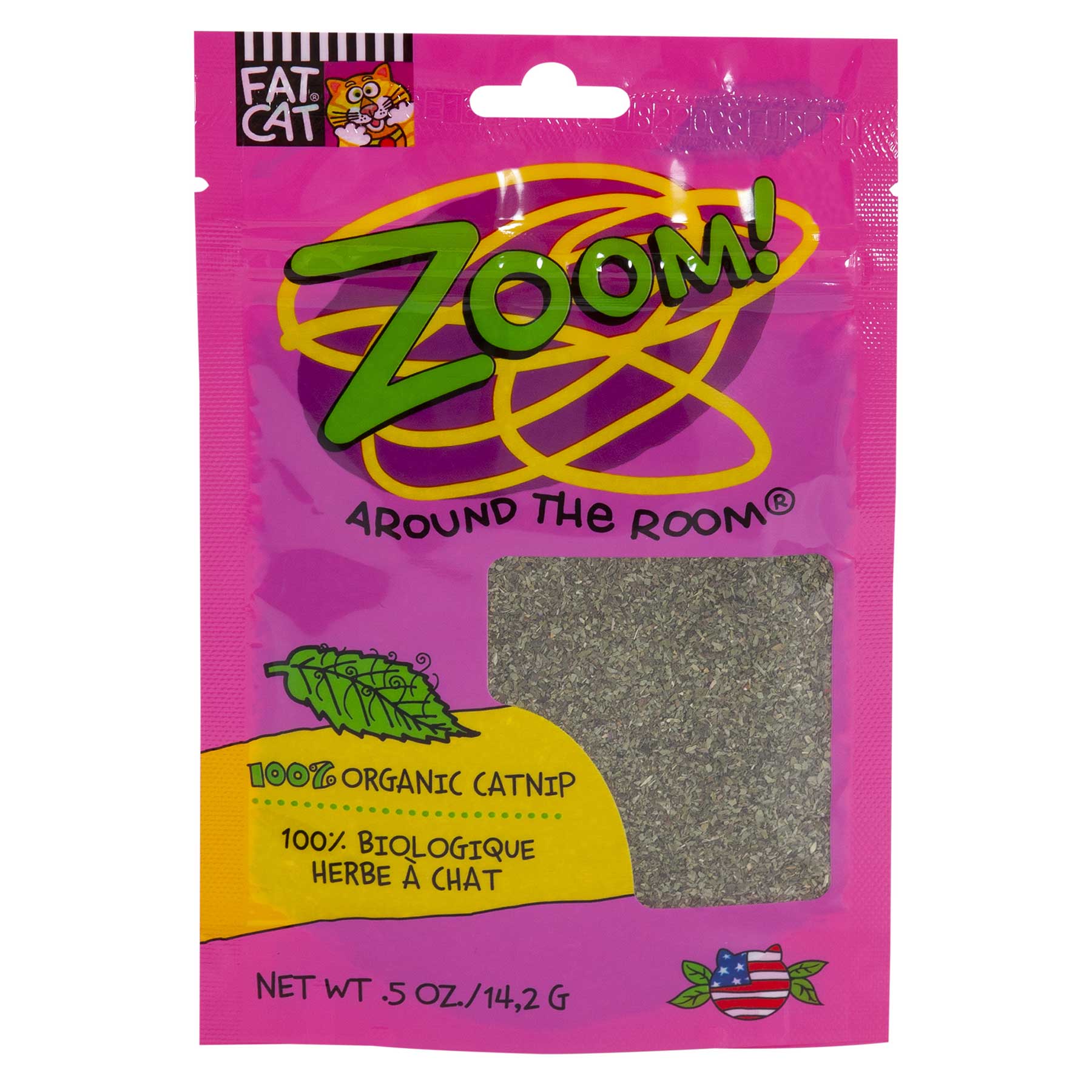 The vibrant pink package of Fatcats Zoom Around The Room Organic Catnip grabs attention with bold yellow and green text, featuring a cartoon cat logo and a small window showing its 0.5 oz (14.2 g) organic content, plus an American flag icon at the bottom.