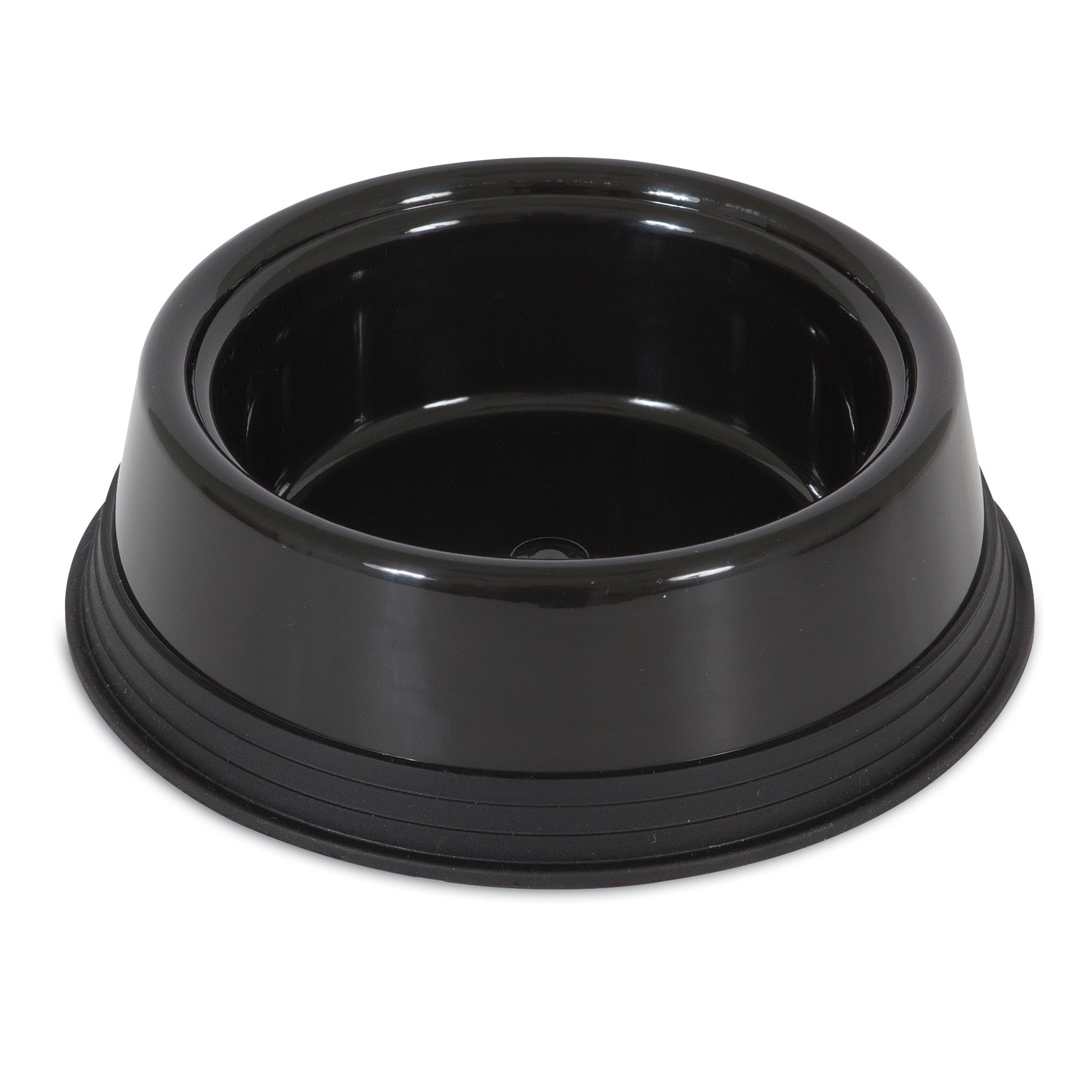 The JW Skid Stop Basic Bowl by Jw is a black, round, plastic pet dish with a skid-stop rubber base for stability on any surface. Featuring a wide base and smooth interior, this elevated bowl sits confidently on a white background, ready for use.