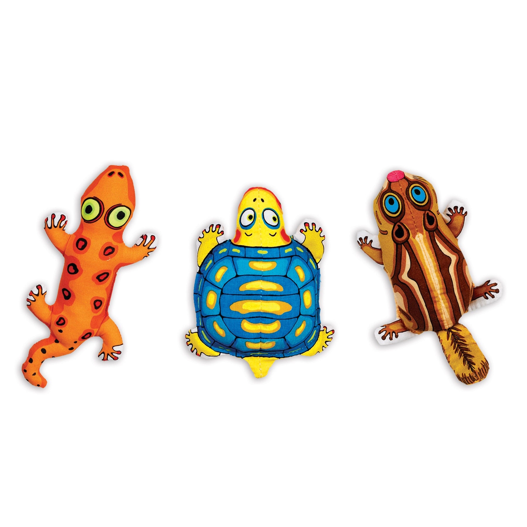 Three colorful cartoon animals inspire play: an orange gecko with green spots, a blue and yellow turtle with a surprised expression, and a brown chipmunk with white stripes. These creatures captivate cats like Fatcats durable FAT CAT Classic Crackler Cat Toy or Zoom Around the Room catnip toys!.