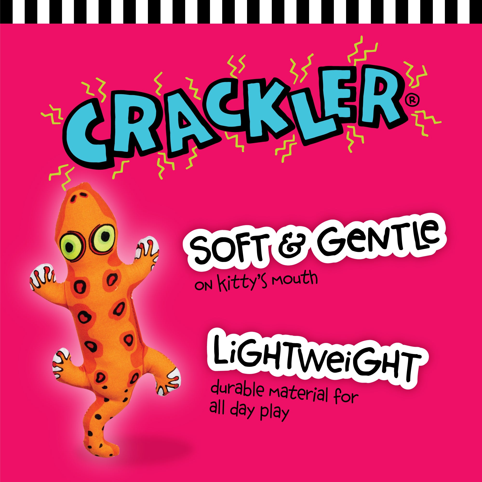 A vibrant toy gecko with orange skin and red spots is displayed on a pink backdrop. The text says FAT CAT Classic Crackler Cat Toy: Soft & Gentle on kittys mouth, Lightweight, durable for all-day play. Bold letters and zigzag accents enhance this playful Zoom Around the Room experience.