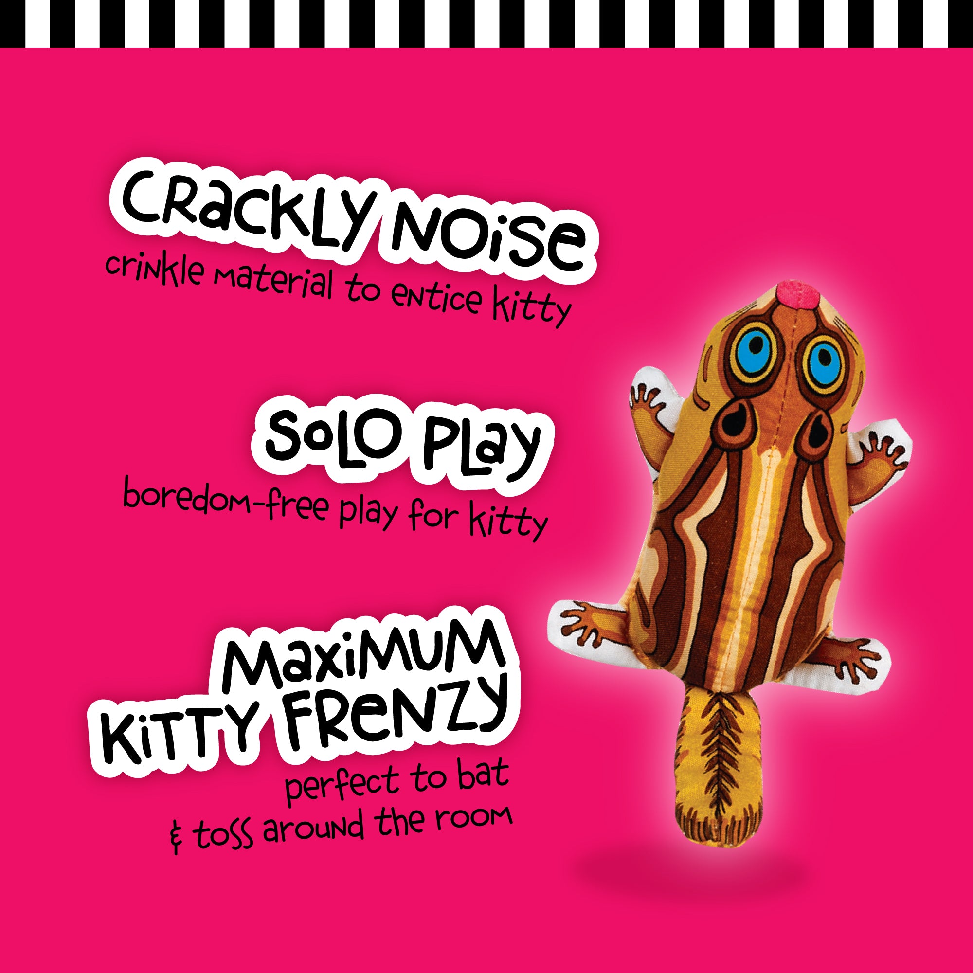 On a pink background, the chubby FAT CAT Classic Crackler Toy by Fatcat is shown with stripes, big eyes, and a bushy tail. It features Crackly Noise, Solo Play, and Maximum Kitty Frenzy. Durable Cracklers offer an exciting Zoom Around the Room catnip experience. A striped top border completes it.