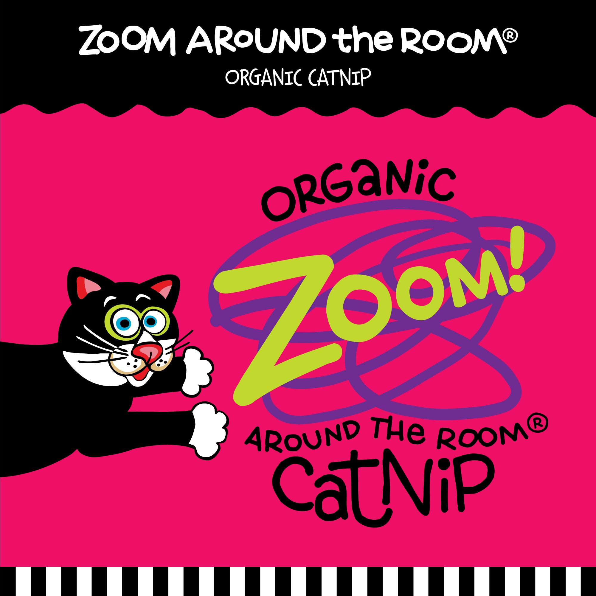 The vivid pink packaging of Zoom Around the Room organic catnip features a playful, wide-eyed cartoon cat against a dynamic backdrop, with bold lettering that pairs perfectly with Fatcats durable FAT CAT Classic Crackler Cat Toy.
