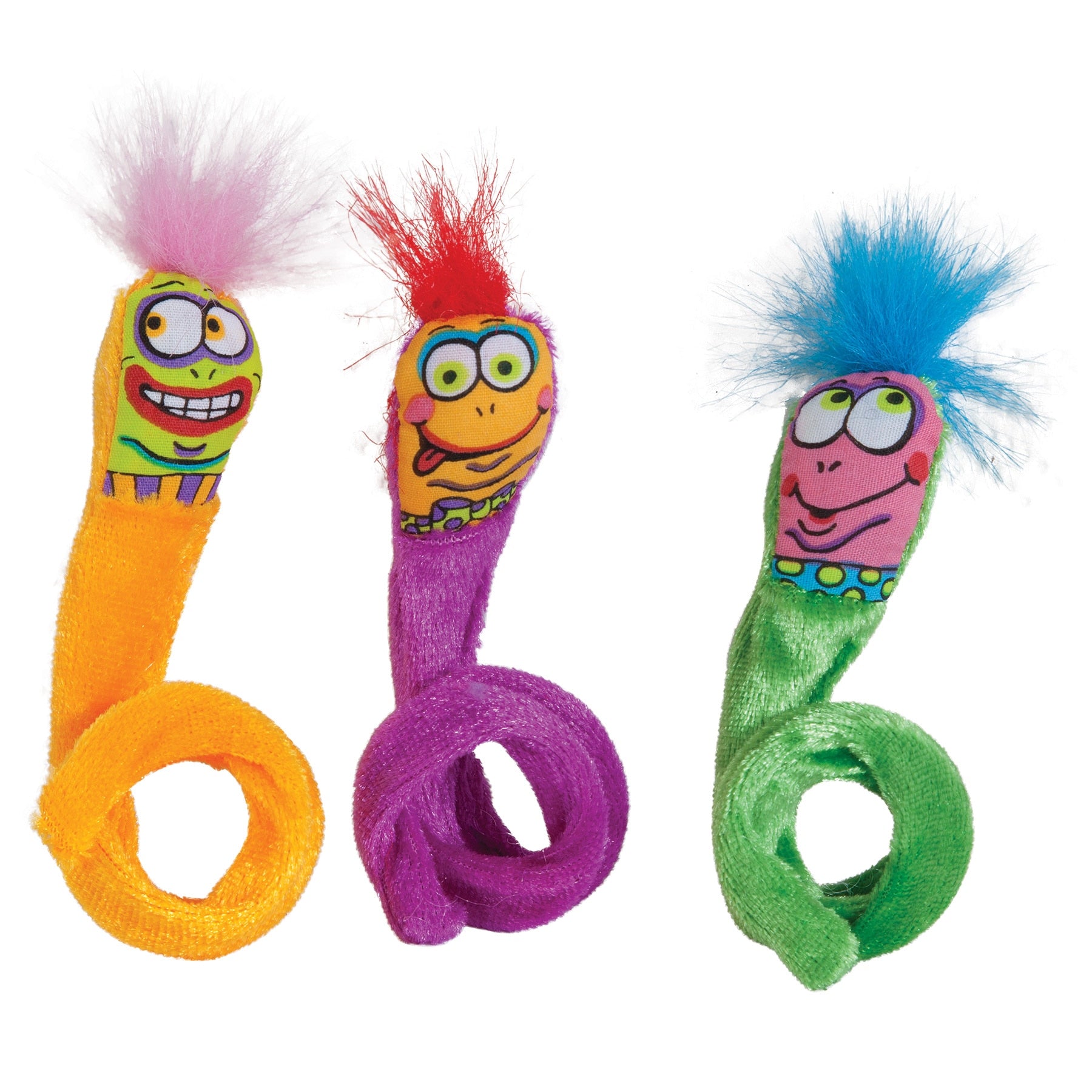 Discover the FAT CAT Classic Springy Worms Cat Toy by Fatcat: three vibrant plush toys with whimsical faces and fuzzy hair, infused with organic catnip. Each features a unique pattern—orange with pink hair, purple with red hair, and green with blue hair—in playful, spiral shapes.