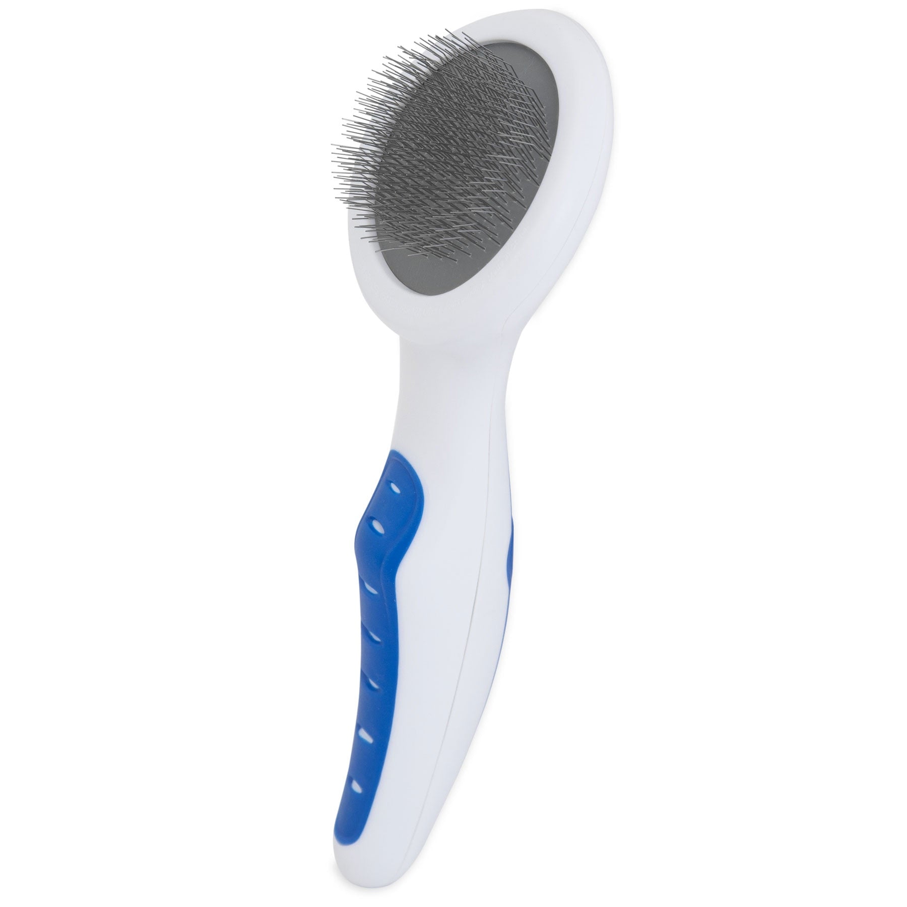 The JW Gripsoft Slicker Brush for Cats by JW features a white and blue handle with Gripsoft technology. Its round head has fine metal bristles, ideal for easily removing fur and tangles from your pets coat.