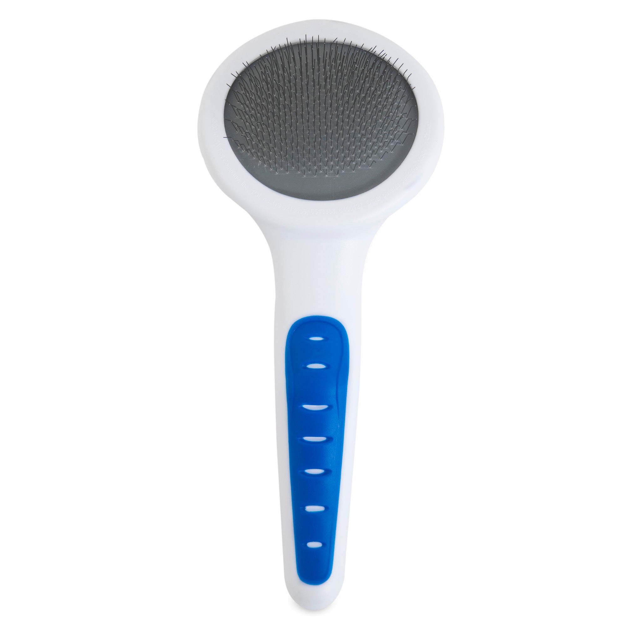 Introducing the JW Gripsoft Slicker Brush for Cats, a grooming essential with a white handle and blue rubber grip. Equipped with Gripsoft technology and fine metal bristles, it ensures your pets coat looks its best.