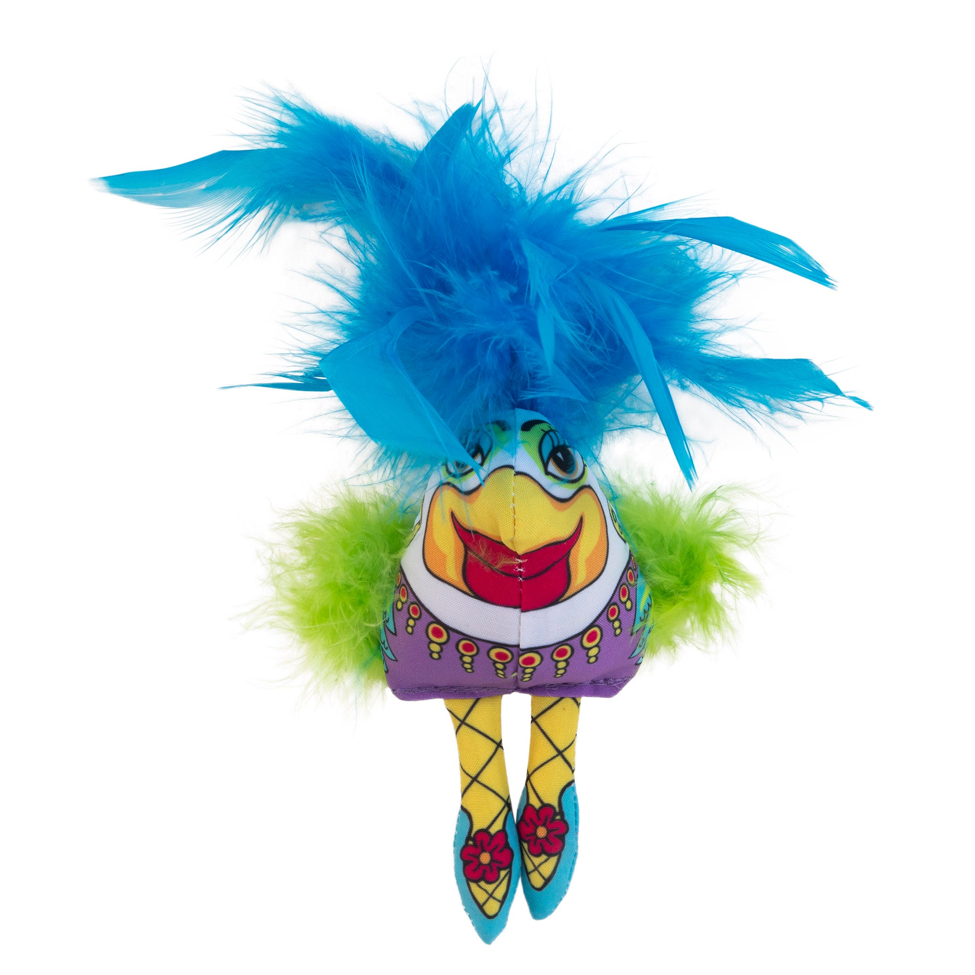 The FAT CAT Classic Showgulls Cat Toy, by Fatcat, is a colorful puppet with a bright smile, vivid makeup, and large red lips. Its blue-green feather hair complements a purple floral outfit and yellow legs adorned with red floral shoes—capturing the essence of feathery fun.