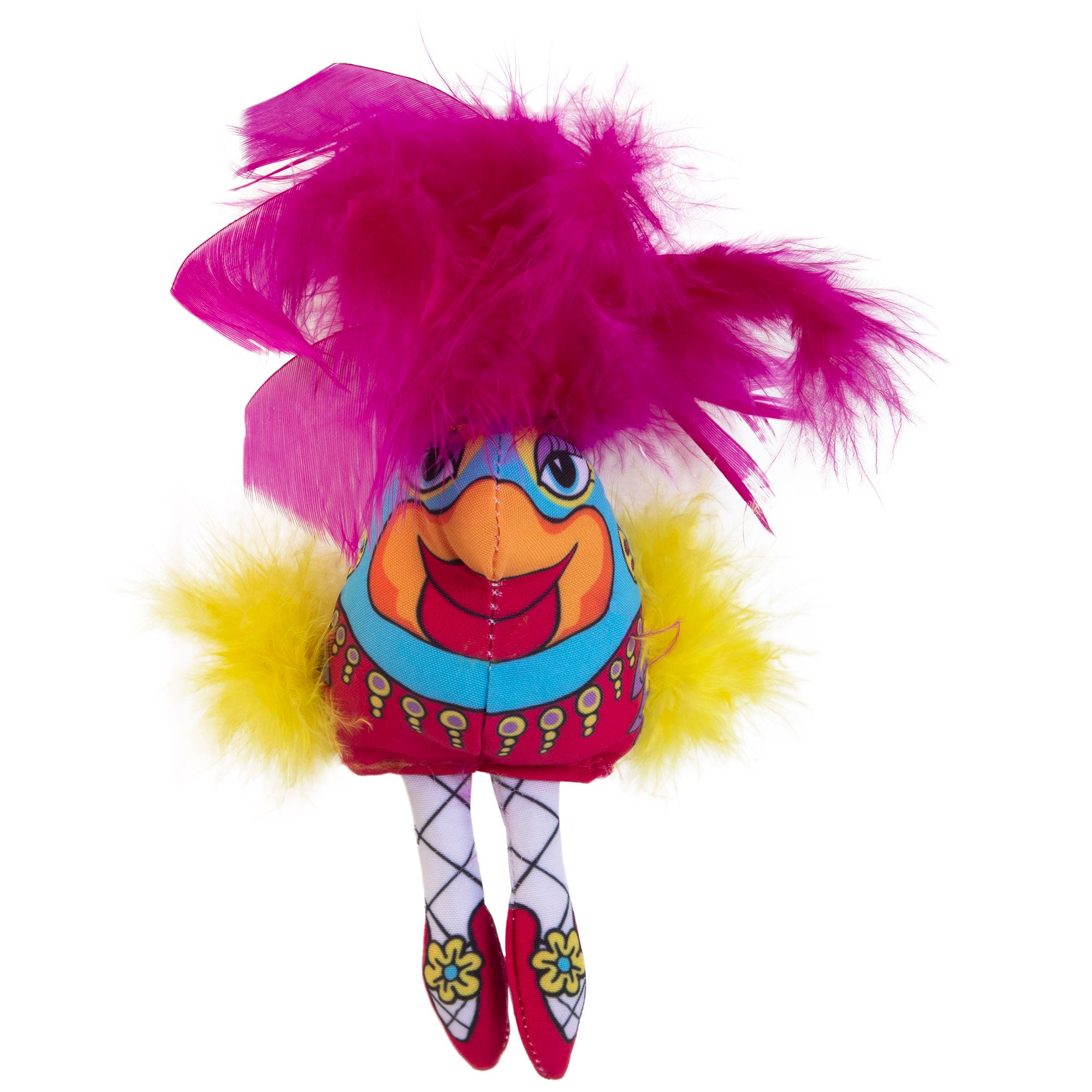Introducing the FAT CAT Classic Showgulls Cat Toy by Fatcat: a vibrant stuffed toy with a cheerful face in blue and orange attire. It features red feathery hair, white patterned legs, and yellow shoes with floral designs, promising endless fun.